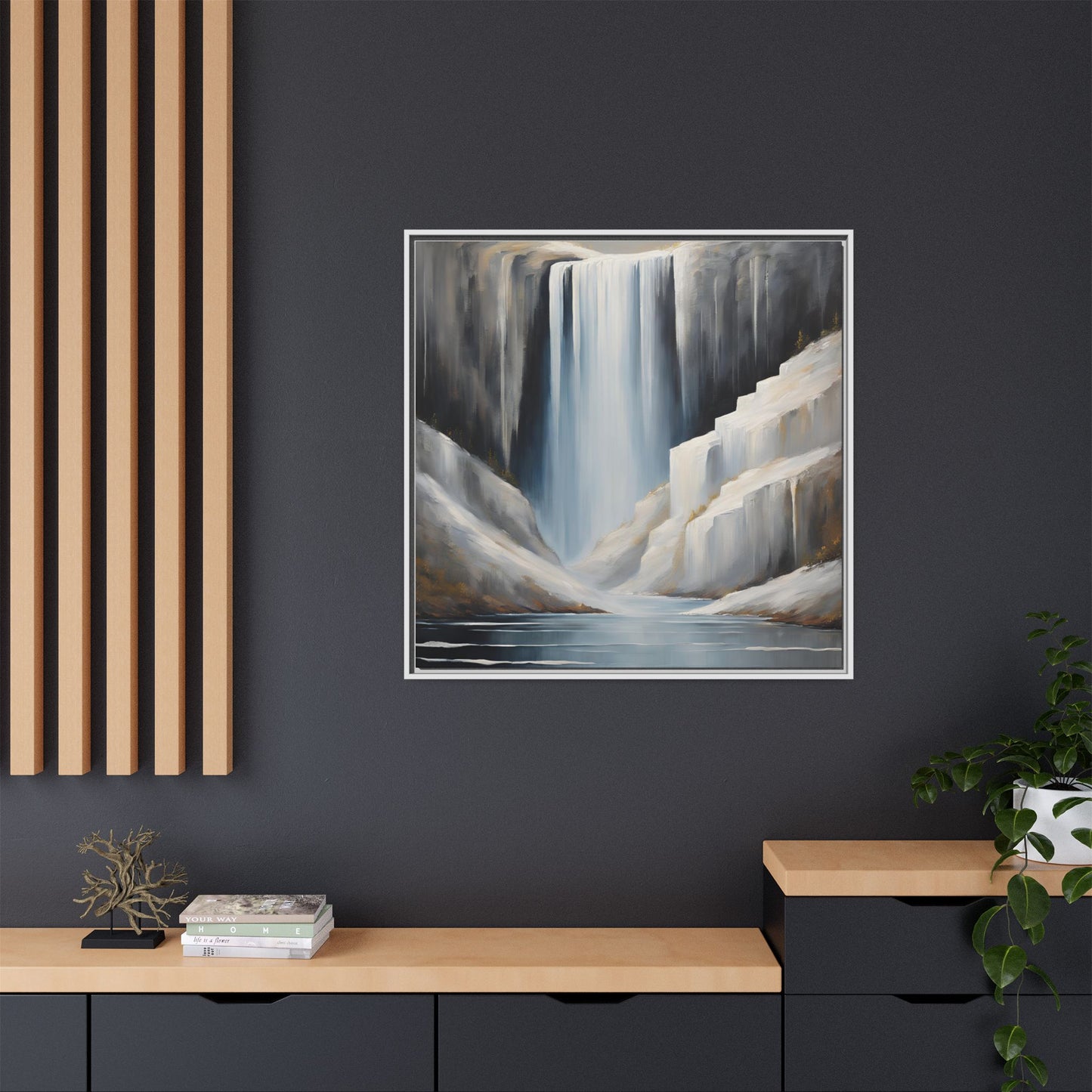 Modern Abstract Waterfall Design Unique Framed Canvas Wall Art Ocean Beach Gift Nature Lover Gift Mountain Landscape Gift 3 frame colors