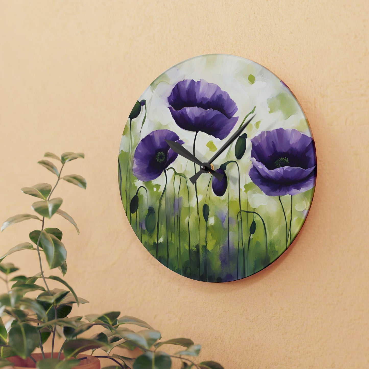 Floral Design Acrylic Clock Unique Colorful Wall Clock for Kitchen or Living Room Nature Lover Field of Flowers Gardener Gift