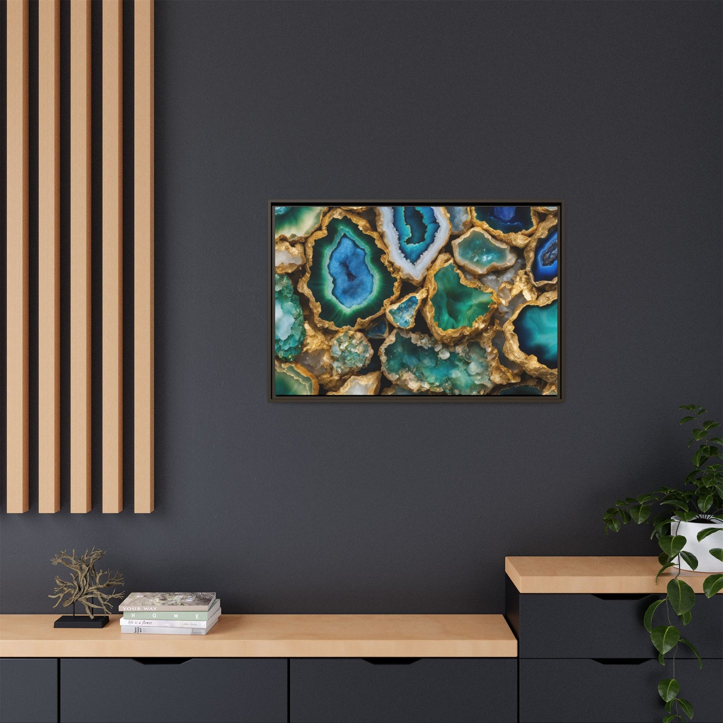 Blue, Green and Gold Quartz Crystal Geode Design Print Matte Canvas Wall Art Nature Lover Gift Geology Rock Lover Gift 3 frame color choices