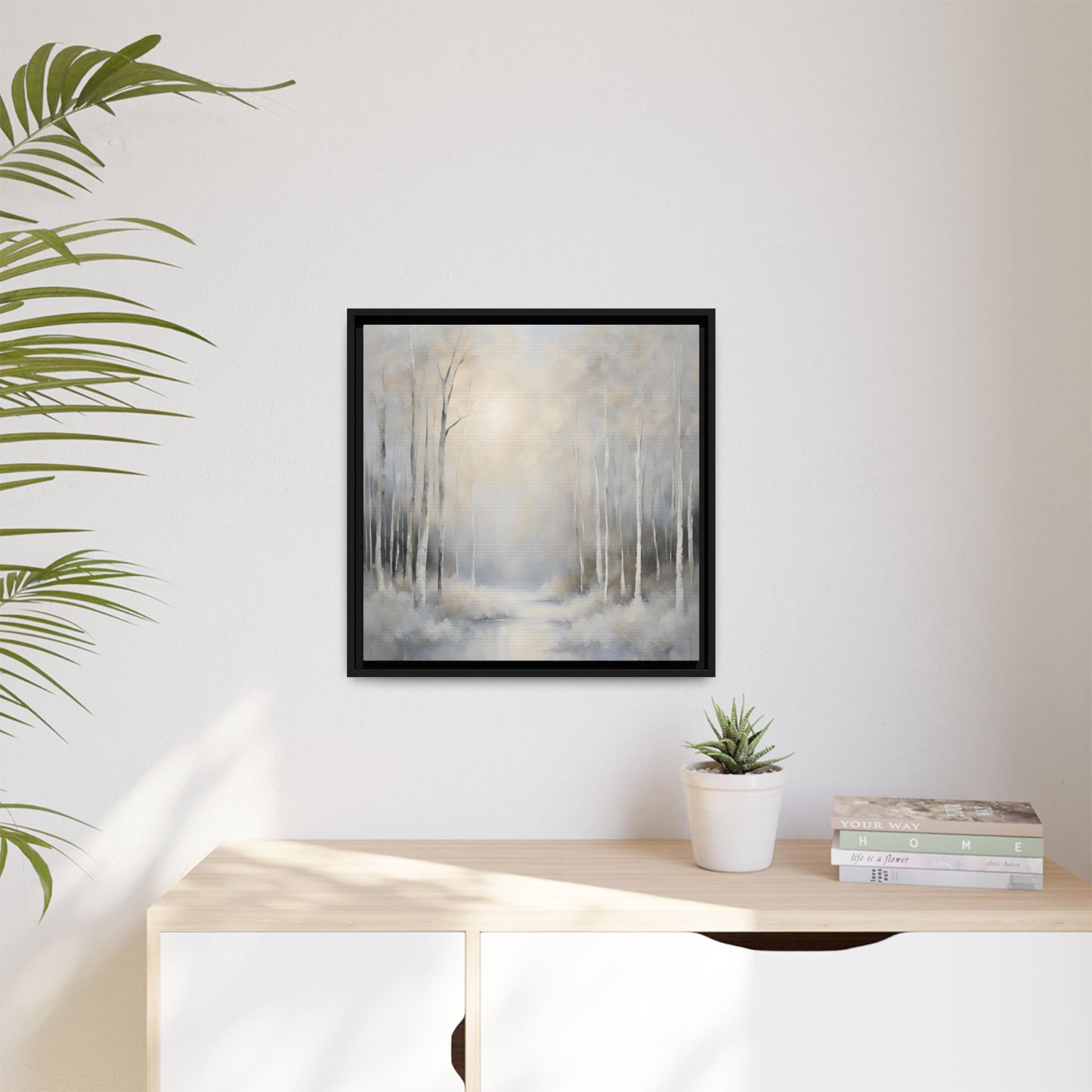 Modern Abstract White Forest Design Unique Framed Canvas Wall Art Ocean Beach Gift Nature Lover Gift 3 frame colors