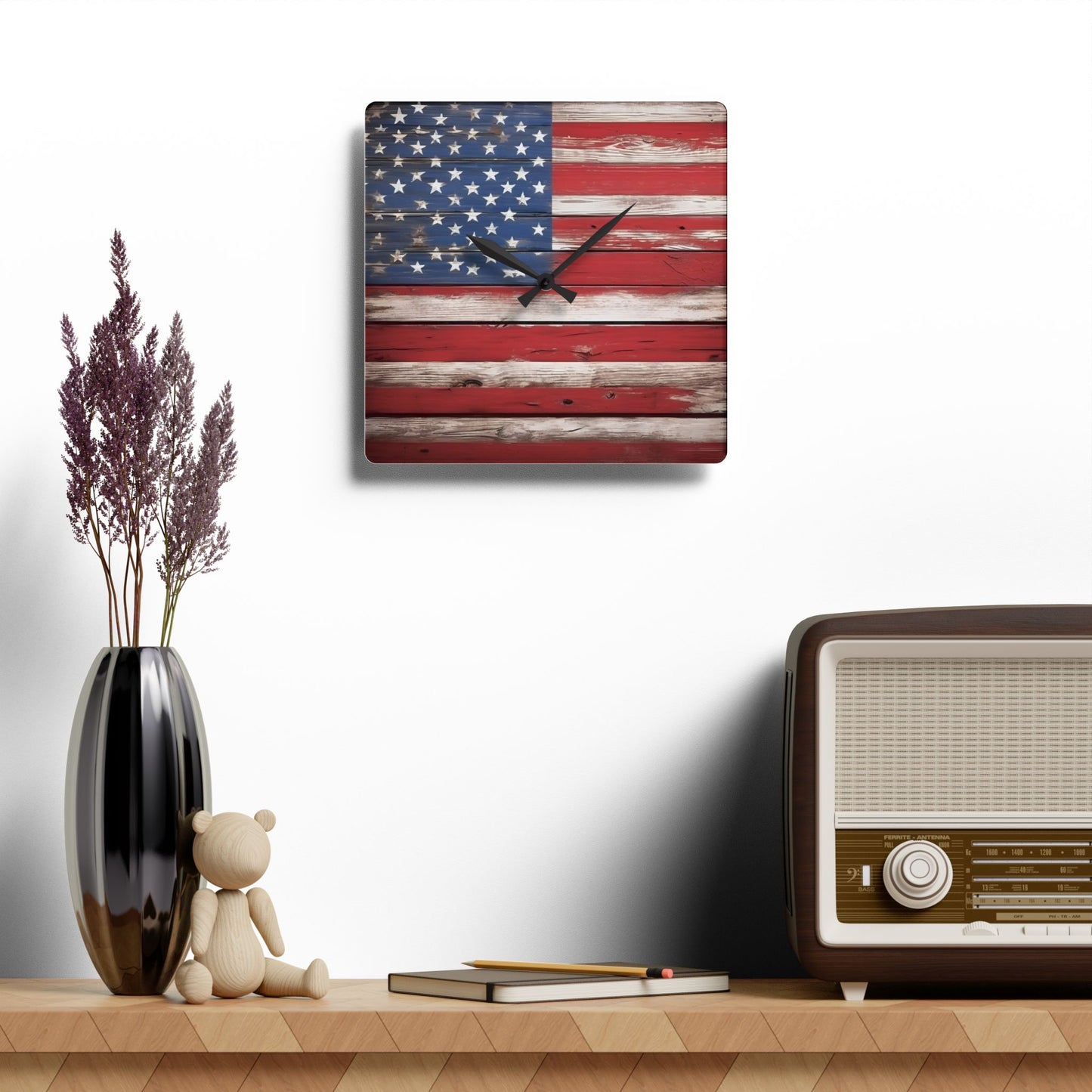 Rustic Wood-look Weathered American Flag Design Acrylic Clock Unique Colorful Wall Clock for Kitchen or Living Room Nature Lover Gift
