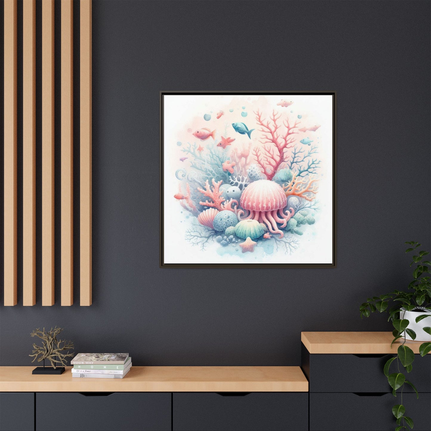 Whimsical Nursery Decor Pastel Underwater Design Unique Sweet Baby Room Framed Canvas Ocean Fish Print Unisex Baby Shower Sea Urchin Gift