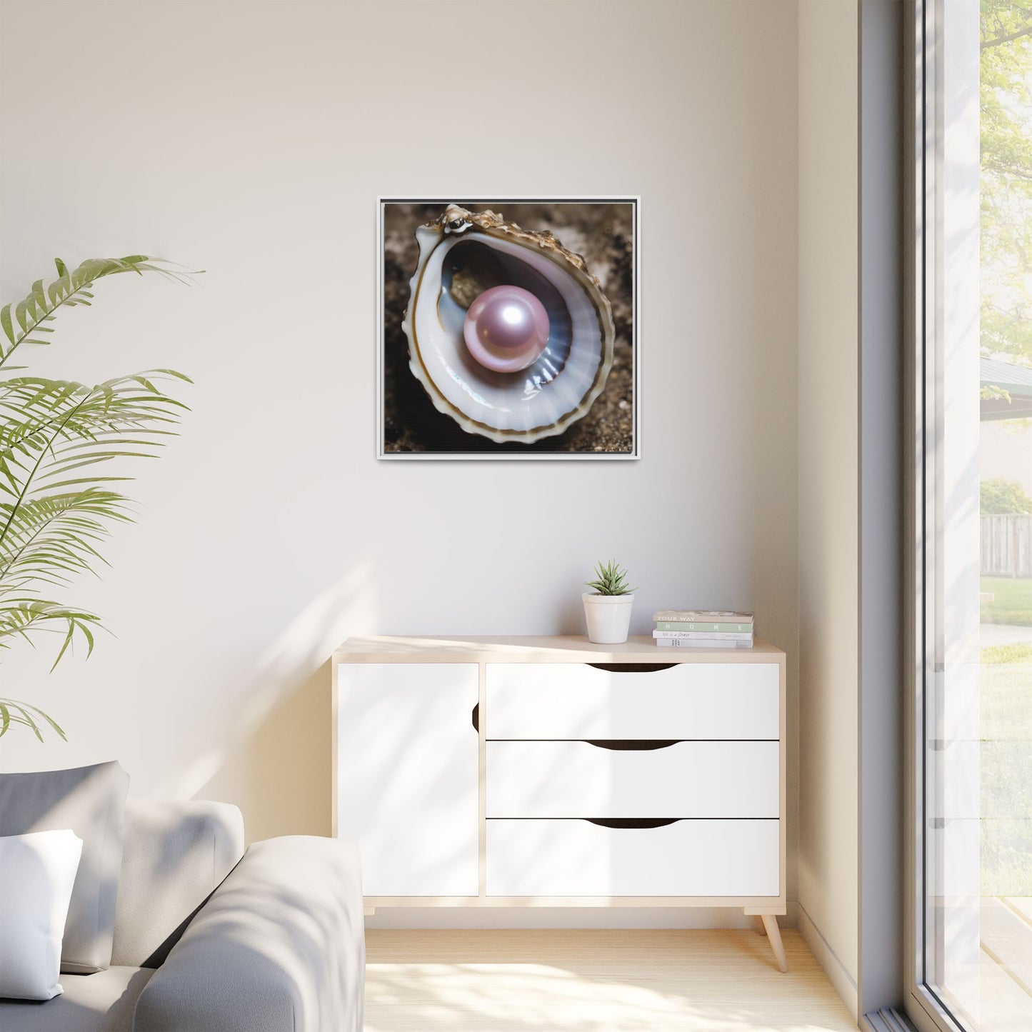 Pink Pearl in Oyster Shell Framed Canvas Wall Art Beach Lover Vacation Oceanic Gift Nature Lover Peaceful Zen Gift 3 frame colors