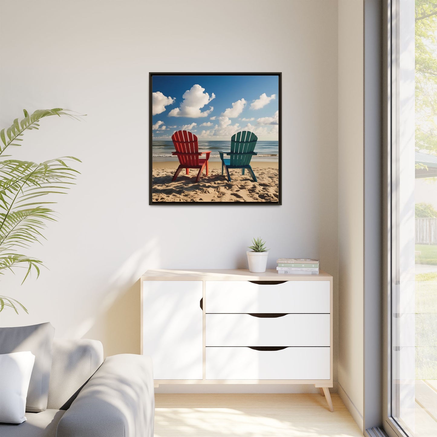 Chairs on the Beach Calm Sunny Day Framed Canvas Wall Art Beach Lover Vacation Oceanic Gift Nature Lover Peaceful Zen Gift 3 frame colors