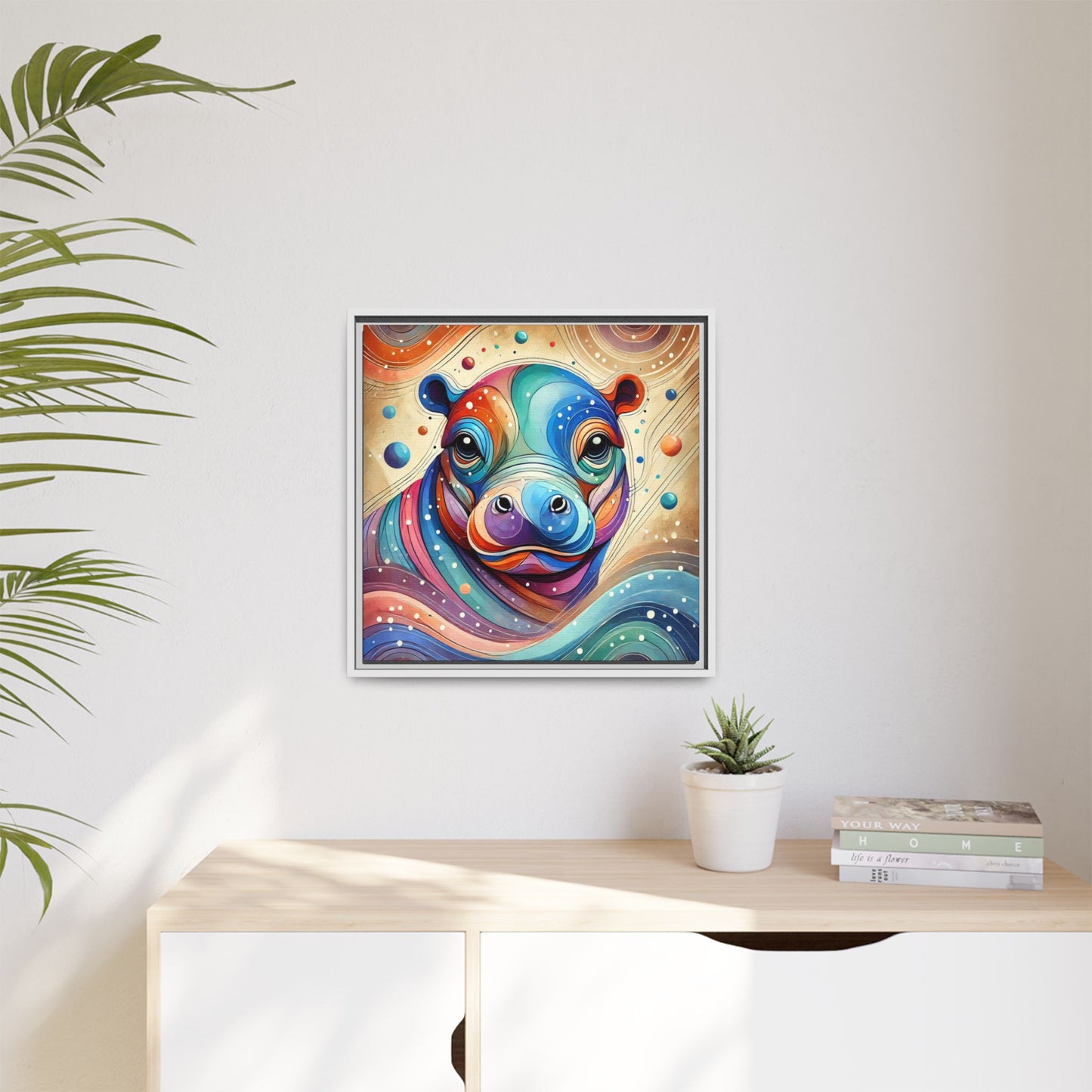 Modern Hippo Print Abstract Design Unique Framed Canvas Print Baby Hippo Wall Art Animal Lover Gift Nature Lover Decor 3 frame colors