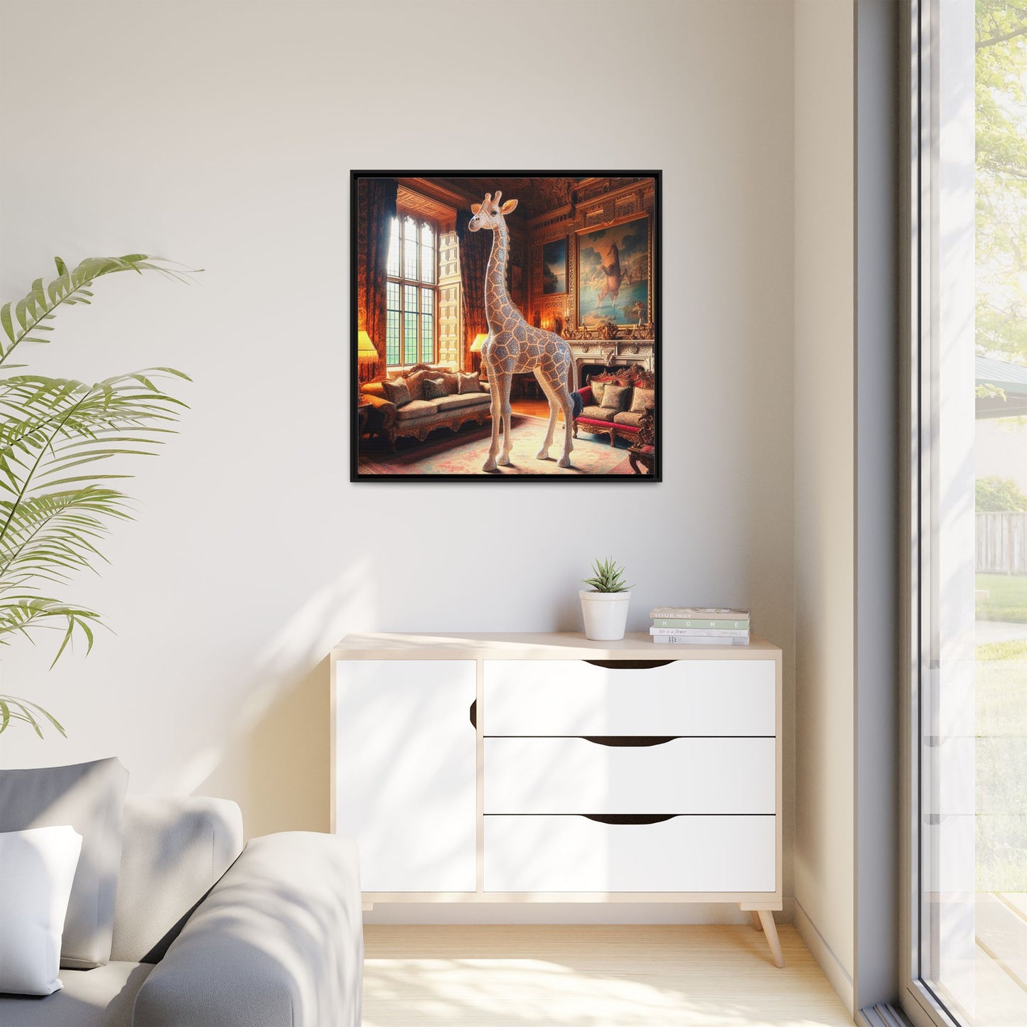 Bejeweled Giraffe Framed Canvas Print Wall Art Unique Fashion Designer Haute Couture Fashionista Animal Lover Gift Decor 3 Frame Colors