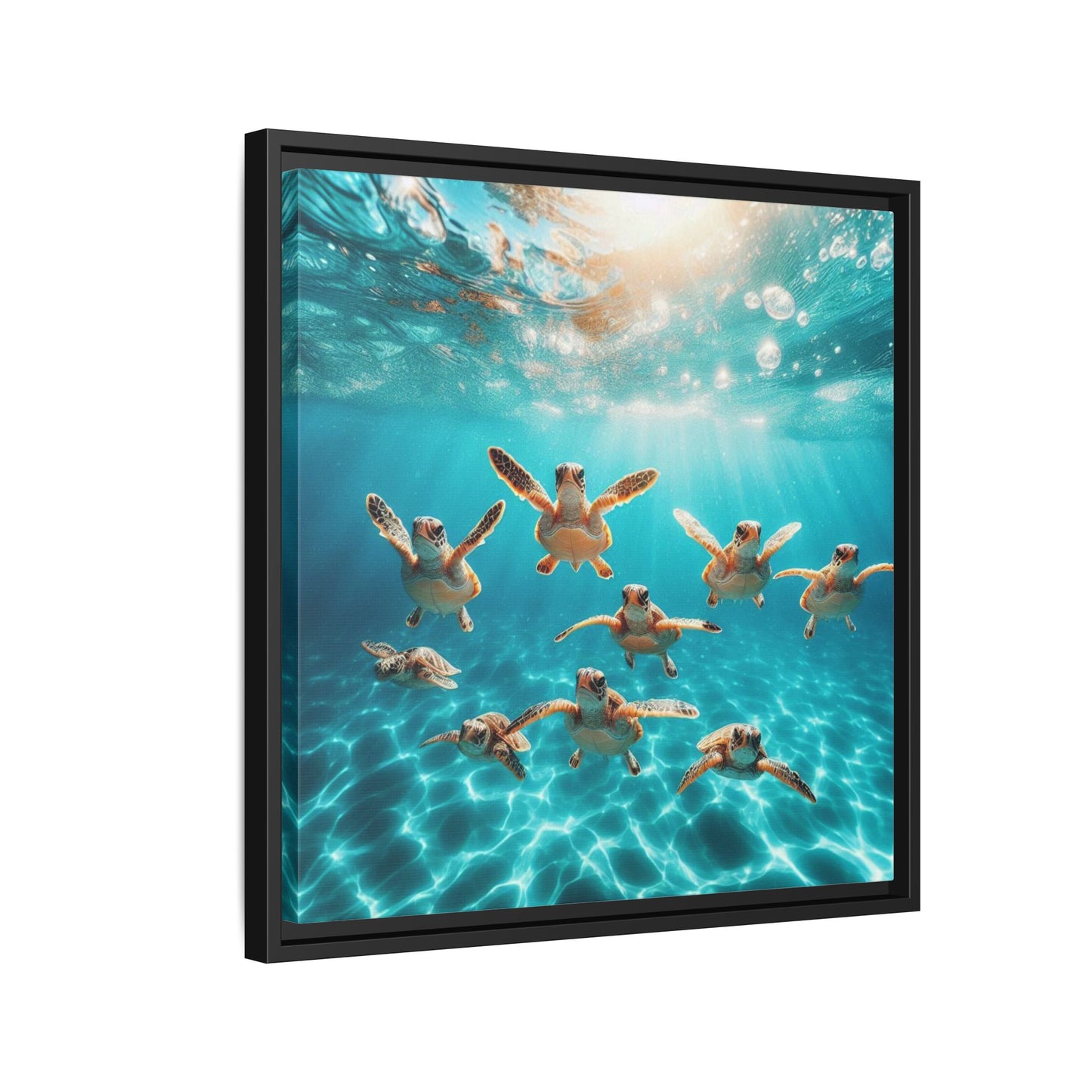 Baby Sea Turtles Out for a Swim Framed Canvas Wall Art Beach Lover Vacation Oceanic Gift Nature Lover Peaceful Zen Gift 3 frame colors
