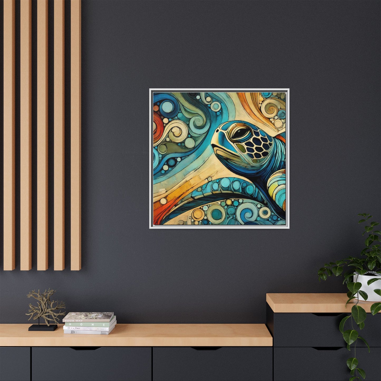 Modern Sea Turtle Print Abstract Design Unique Framed Canvas Print Oceanic Wall Art Animal Lover Gift Nature Lover Decor 3 frame colors