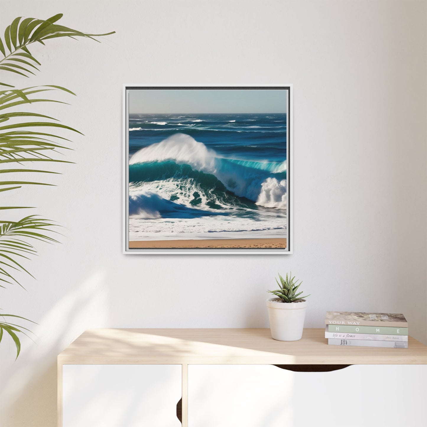 Peaceful Ocean Waves at the Beach Calm Sunny Day Framed Canvas Wall Art Vacation Oceanic Gift Nature Lover Zen Decor Gift 3 frame colors