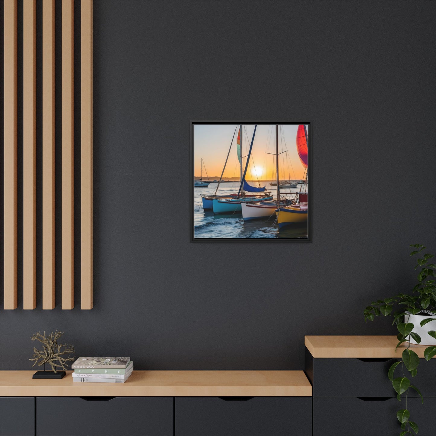 Sailboats at Sunset in Harbor Framed Canvas Wall Art Beach Lover Vacation Oceanic Gift Nature Lover Peaceful Zen Sunrise Art 3 frame colors