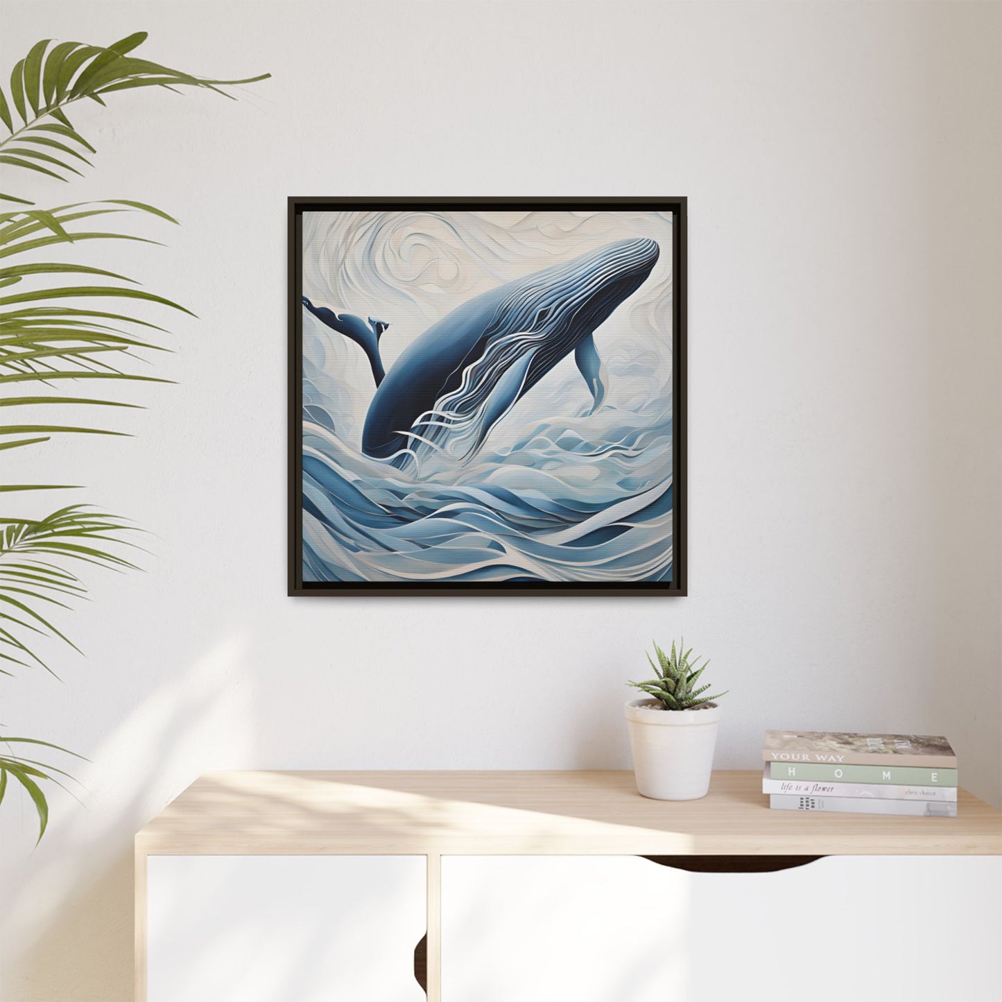 Modern Abstract Whale Wave Design Unique Framed Canvas Wall Art Ocean Beach Gift Nature Lover Gift Underwater Sea Lover Gift 3 frame colors