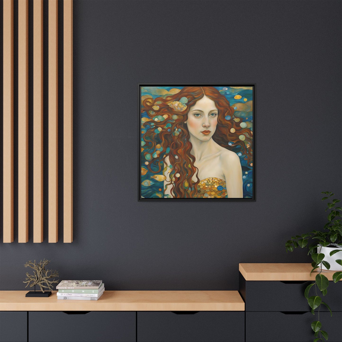 Modern Abstract Mermaid Design Unique Framed Canvas Oceanic Wall Art Underwater Gold Fish Anime Gift Nature Lover Gift 3 frame colors
