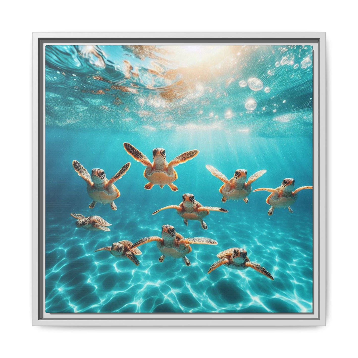 Baby Sea Turtles Out for a Swim Framed Canvas Wall Art Beach Lover Vacation Oceanic Gift Nature Lover Peaceful Zen Gift 3 frame colors