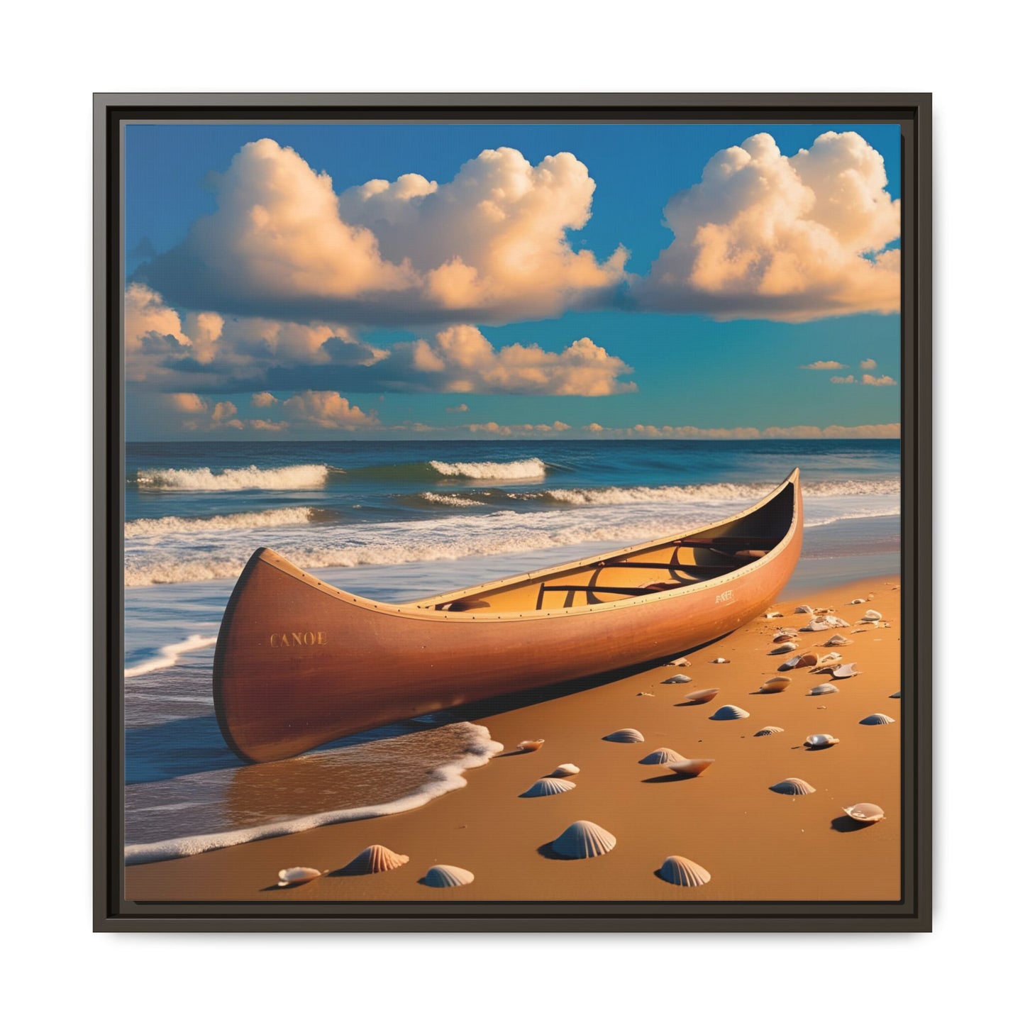 Canoe on the Beach Calm Sunny Day Framed Canvas Wall Art Beach Lover Vacation Oceanic Gift Nature Lover Peaceful Zen Gift 3 frame colors