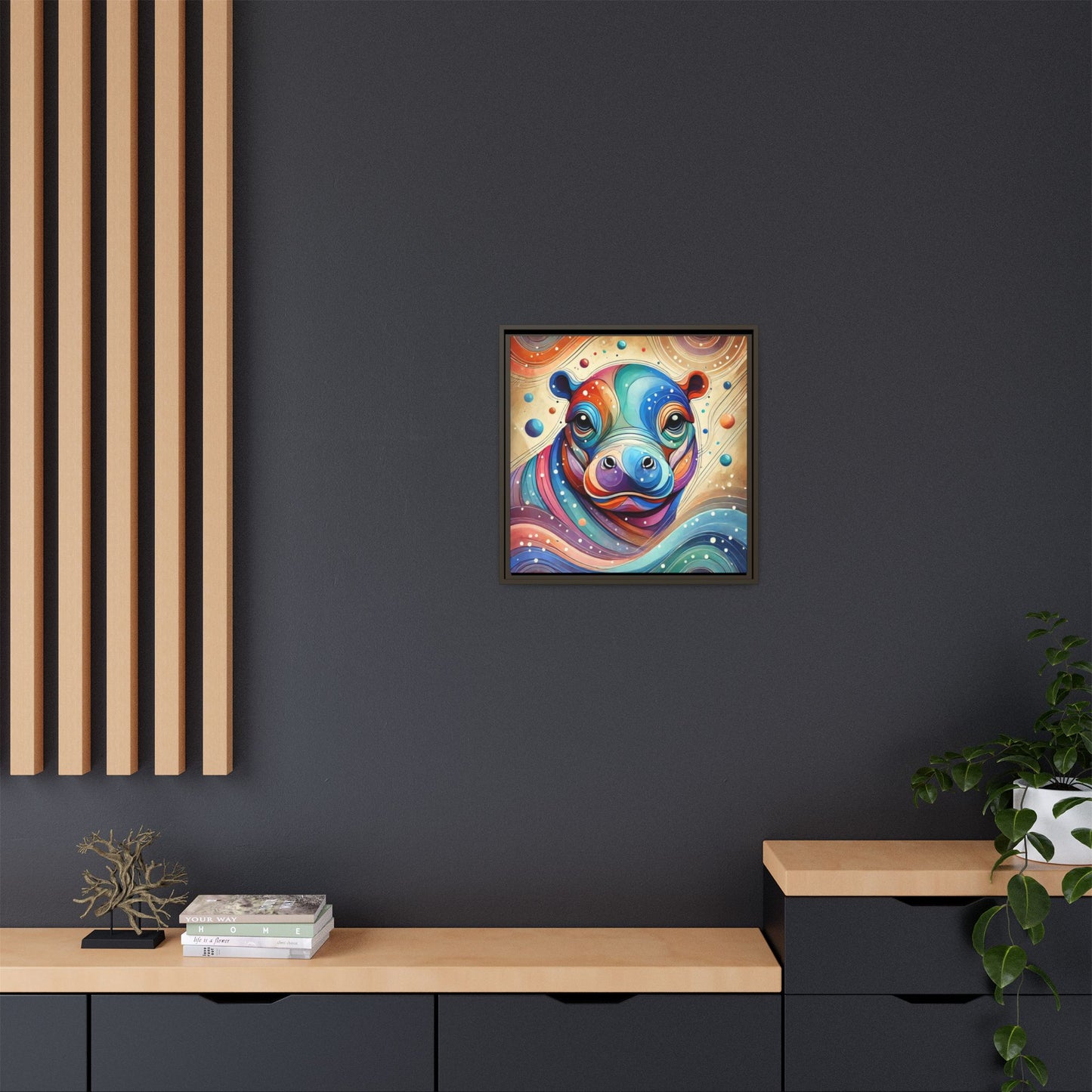 Modern Hippo Print Abstract Design Unique Framed Canvas Print Baby Hippo Wall Art Animal Lover Gift Nature Lover Decor 3 frame colors