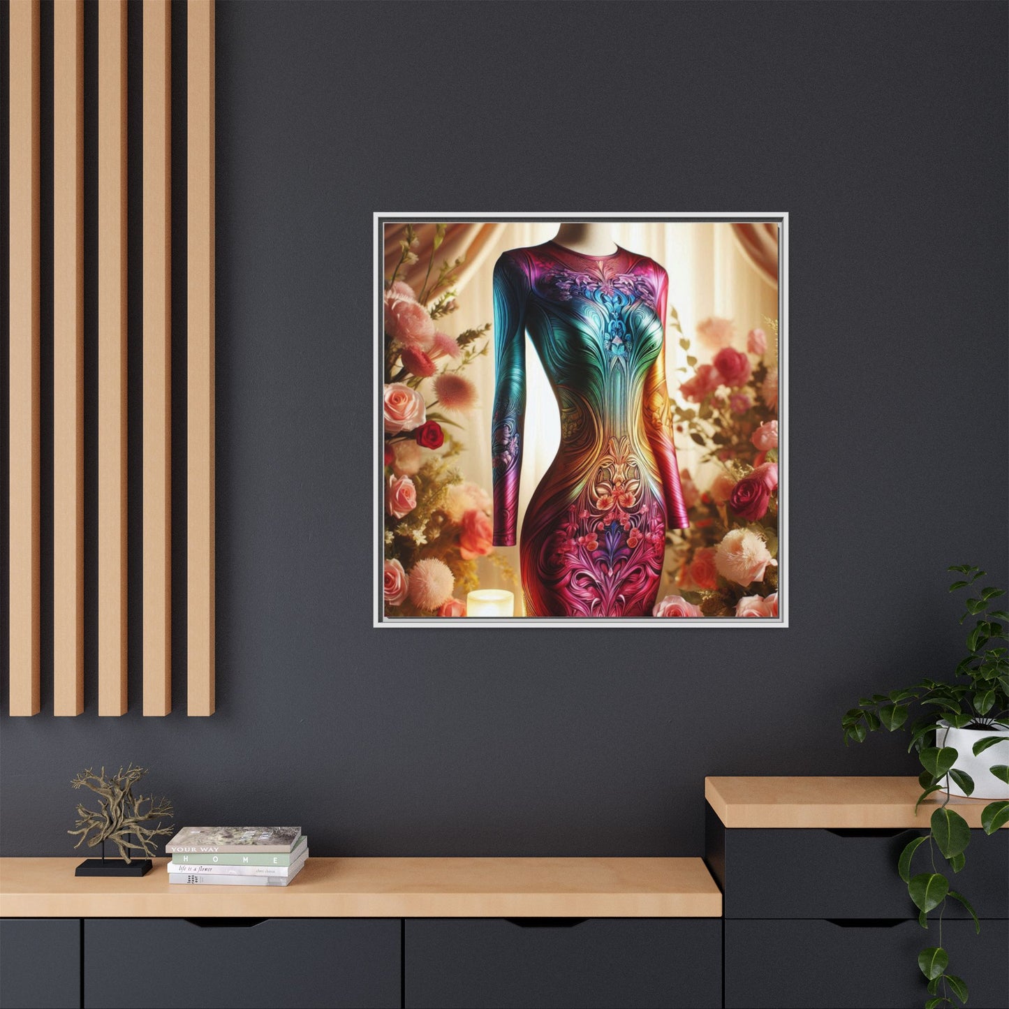 Futuristic Bodycon Runway Dress Framed Canvas Print Wall Art Unique Fashion Designer Style Haute Couture Fashionista Gift 3 Frame Colors