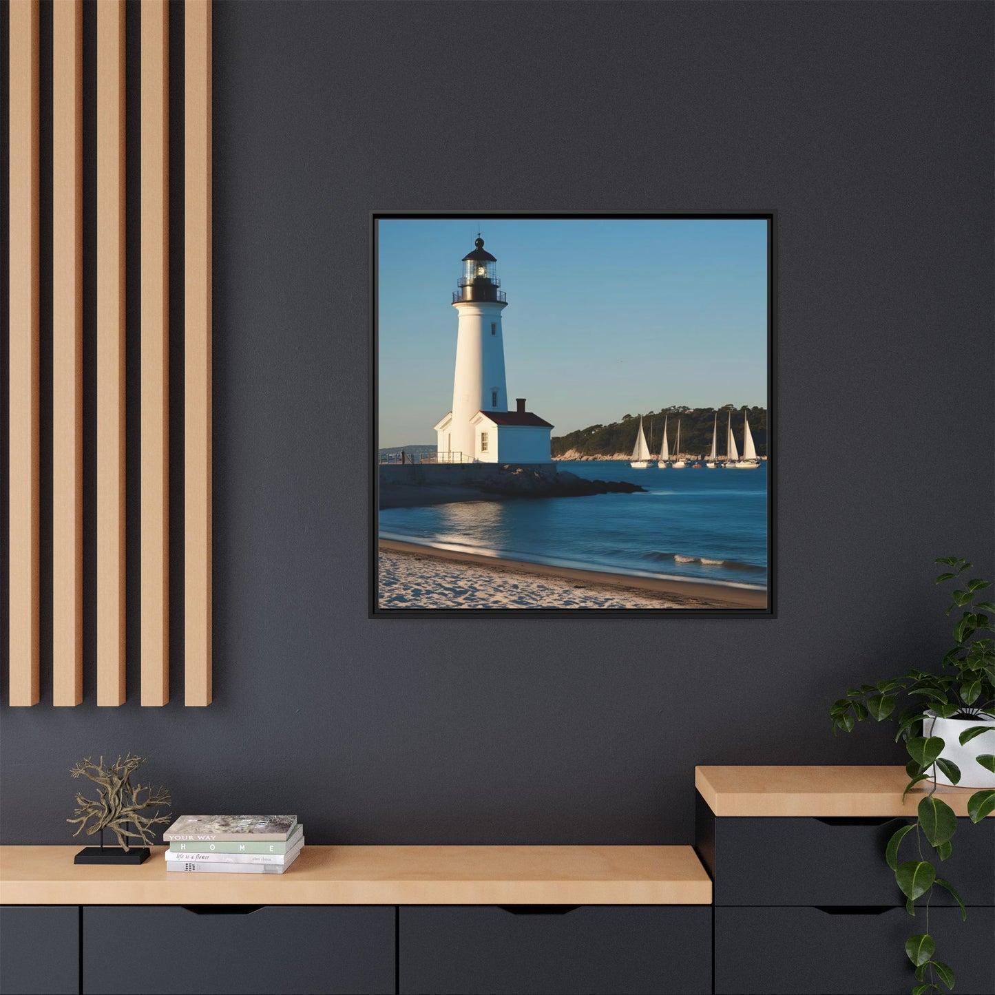 Lighthouse on the Beach Unique Framed Canvas Print Wall Art Nature Lover Gift Beachy Sailboats in the Ocean Vacation Decor 3 frame colors