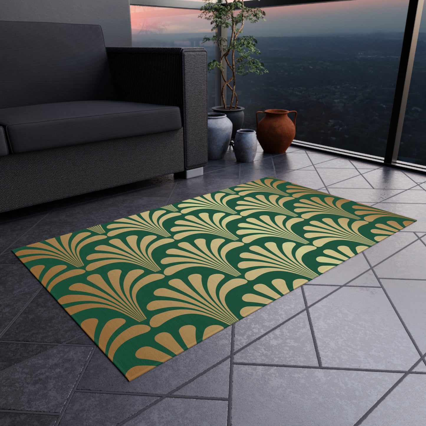 Chenille Outdoor Rug with No-Skid Backing Cozy Green and Gold Outdoor Carpet Patio Decor Gazebo Rug Pool Area Decor Outdoor Kitchen Rug