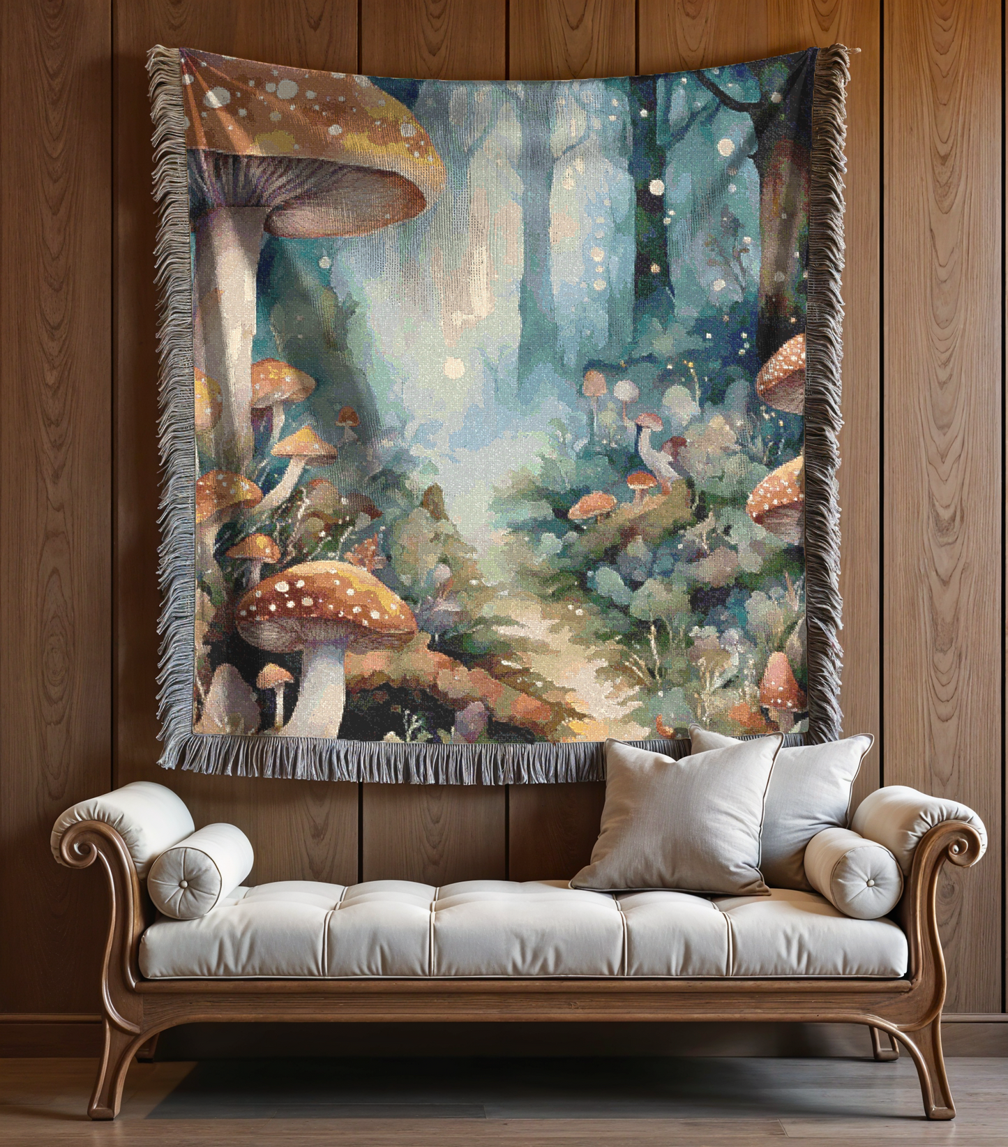 Mushroom Design Cozy Reading Throw for Book Lovers Cotton Woven Fringed Picnic Blanket Fantasy Wall Art