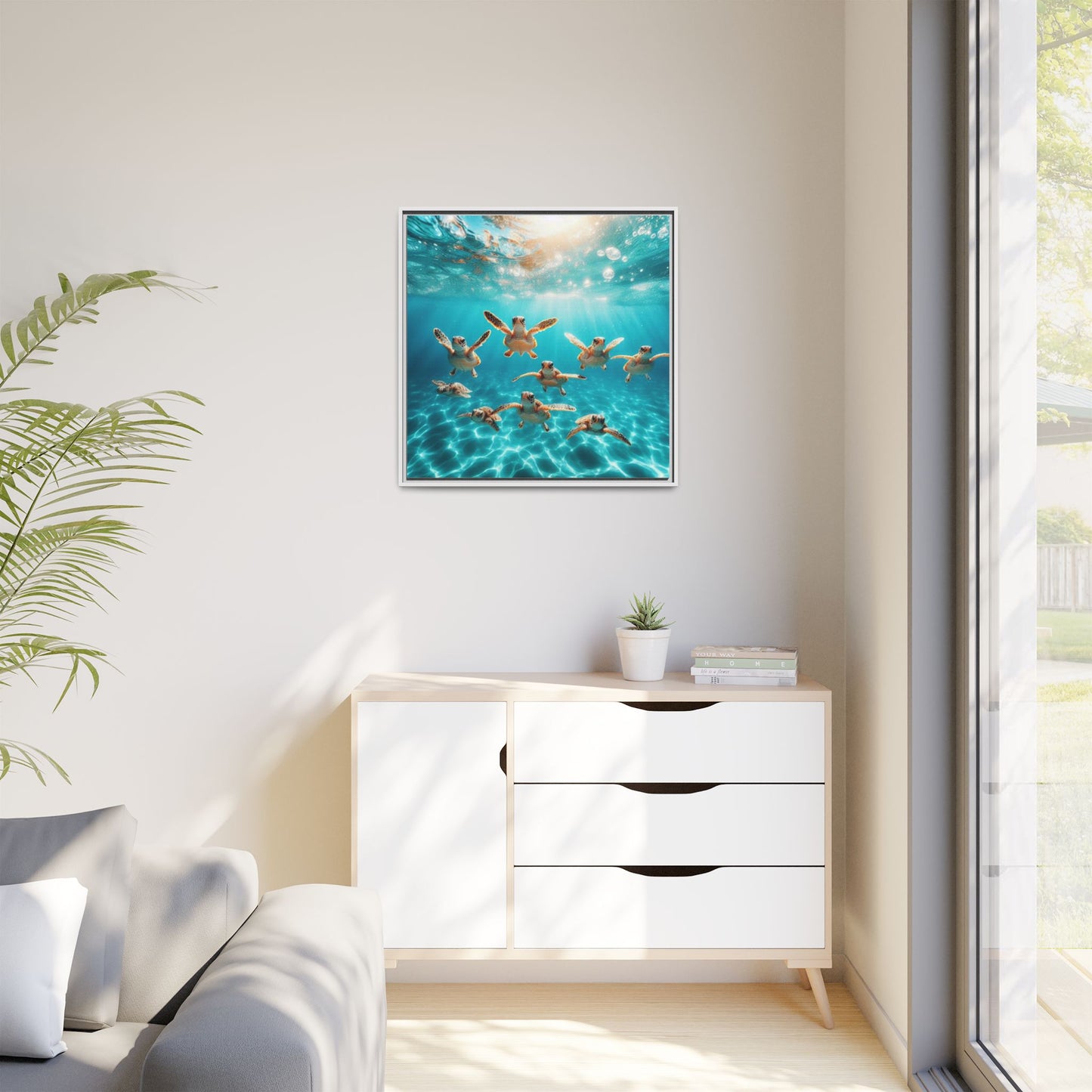 Baby Sea Turtles Out for a Swim Framed Canvas Wall Art Beach Lover Vacation Oceanic Gift Nature Lover Peaceful Zen Gift 3 frame colors