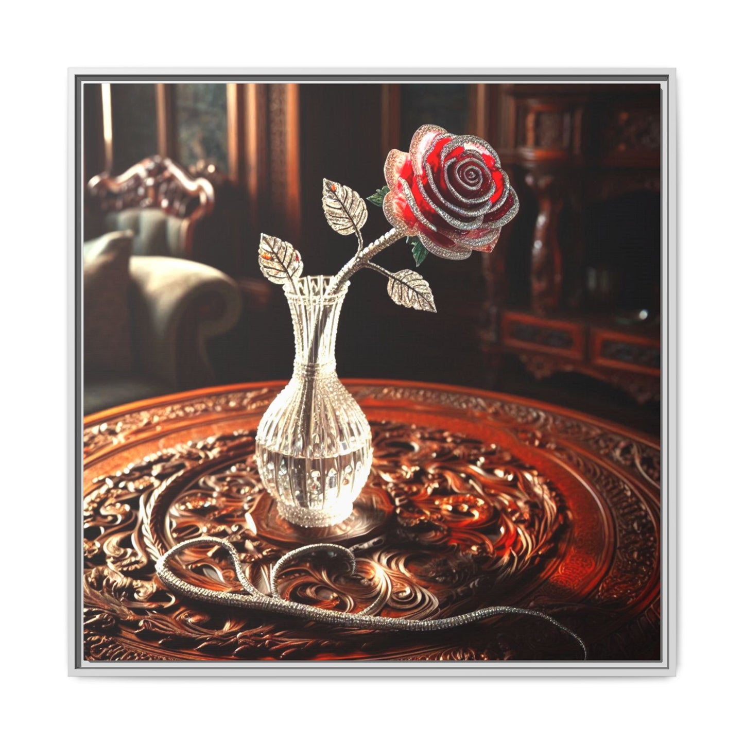 Bejeweled Red Rose Framed Canvas Print Wall Art Unique Fashion Designer Haute Couture Fashionista Flower Lover Gift Decor 3 Frame Colors