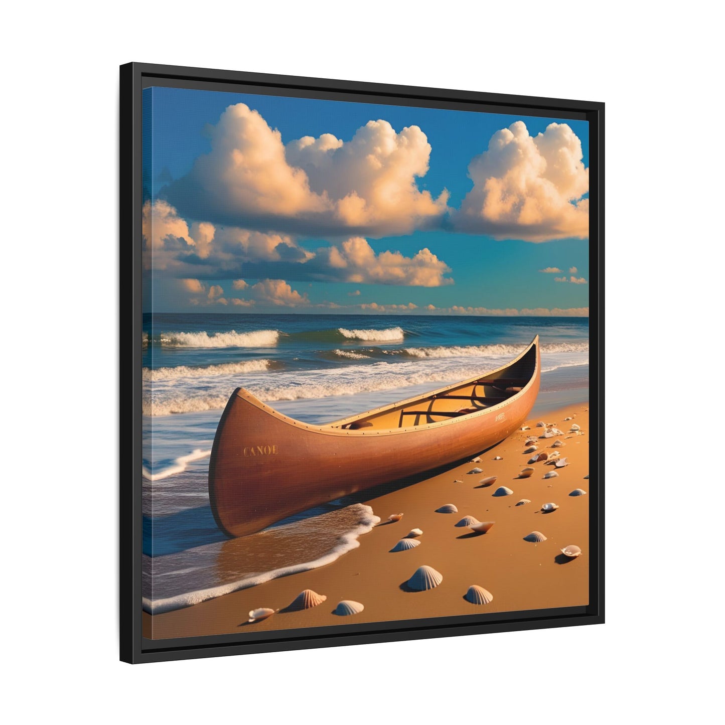 Canoe on the Beach Calm Sunny Day Framed Canvas Wall Art Beach Lover Vacation Oceanic Gift Nature Lover Peaceful Zen Gift 3 frame colors