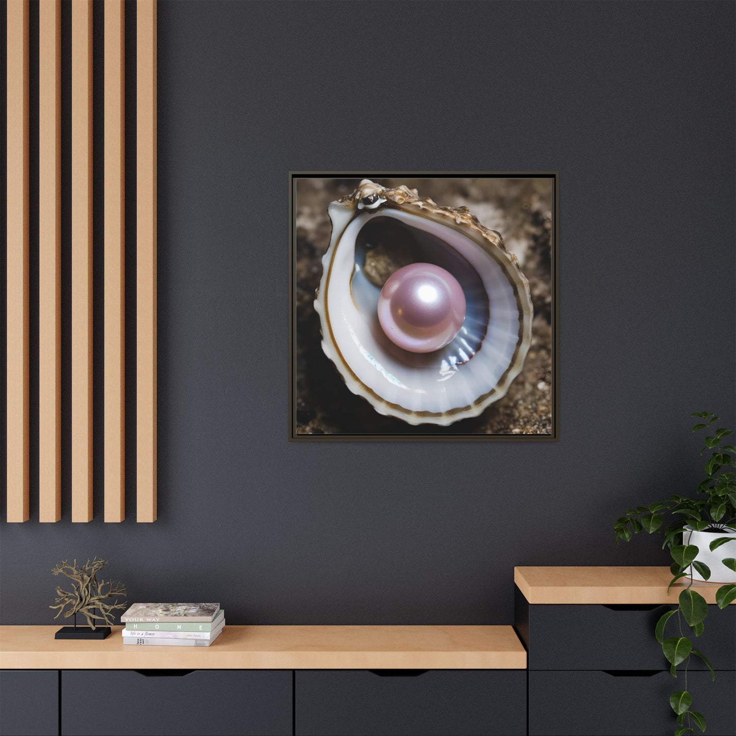 Pink Pearl in Oyster Shell Framed Canvas Wall Art Beach Lover Vacation Oceanic Gift Nature Lover Peaceful Zen Gift 3 frame colors