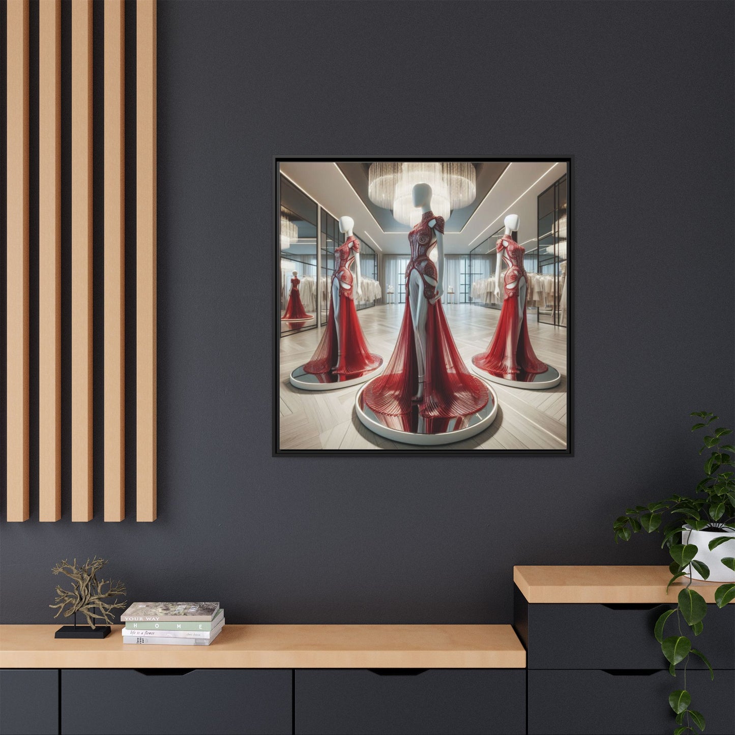 Futuristic Bodycon Runway Dress Framed Canvas Print Wall Art Unique Fashion Designer Style Haute Couture Fashionista Gift 3 Frame Colors