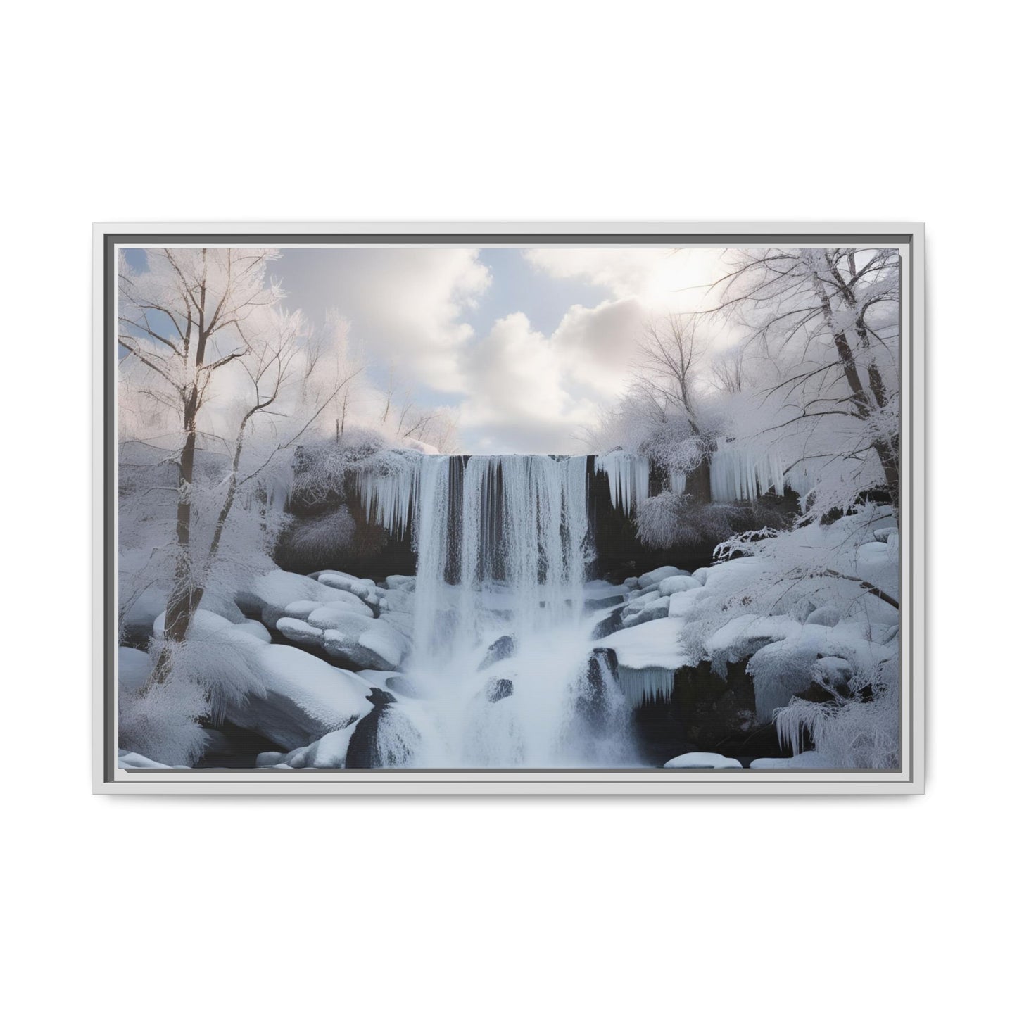 Modern Snowy Waterfall Design Unique Framed Canvas Wall Art Winter Scene Nature Lover Gift Mountain Landscape Decor Gift 3 frame colors