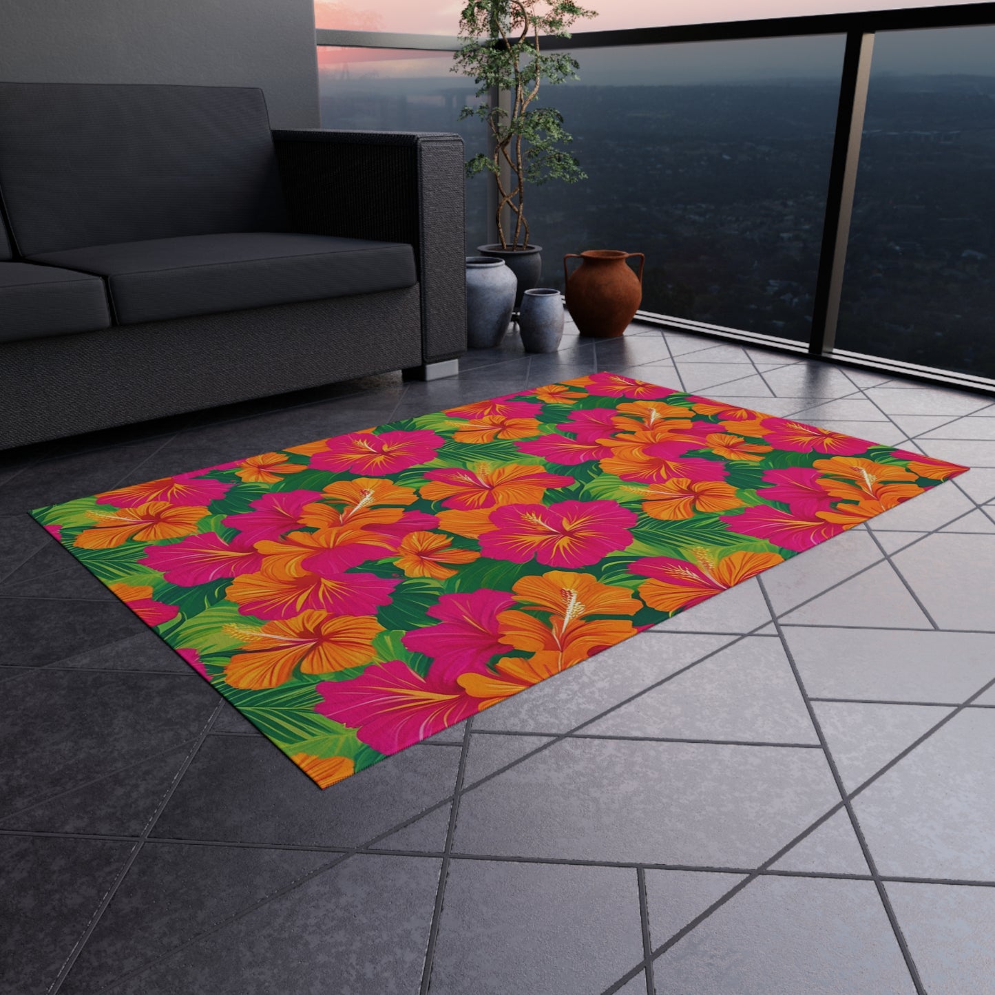 Tropical Chenille Outdoor Rug with No-Skid Backing Cozy Outdoor Carpet Patio Decor Hawaiian Floral Beachy Gazebo Rug Pool Area Decor