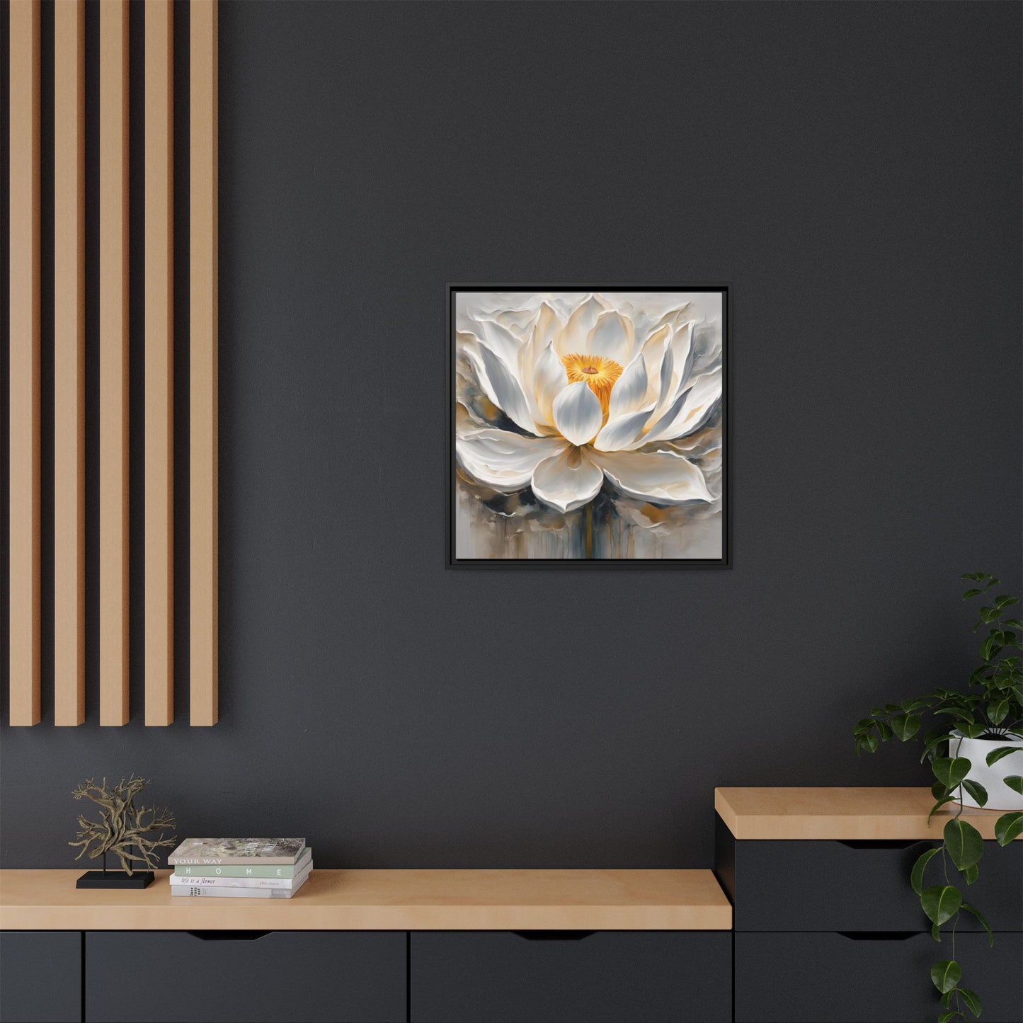 Modern Abstract Floral Design Unique Framed Canvas Wall Art White Lotus Gift Nature Lover Gift Garden Lover Gift 3 frame colors