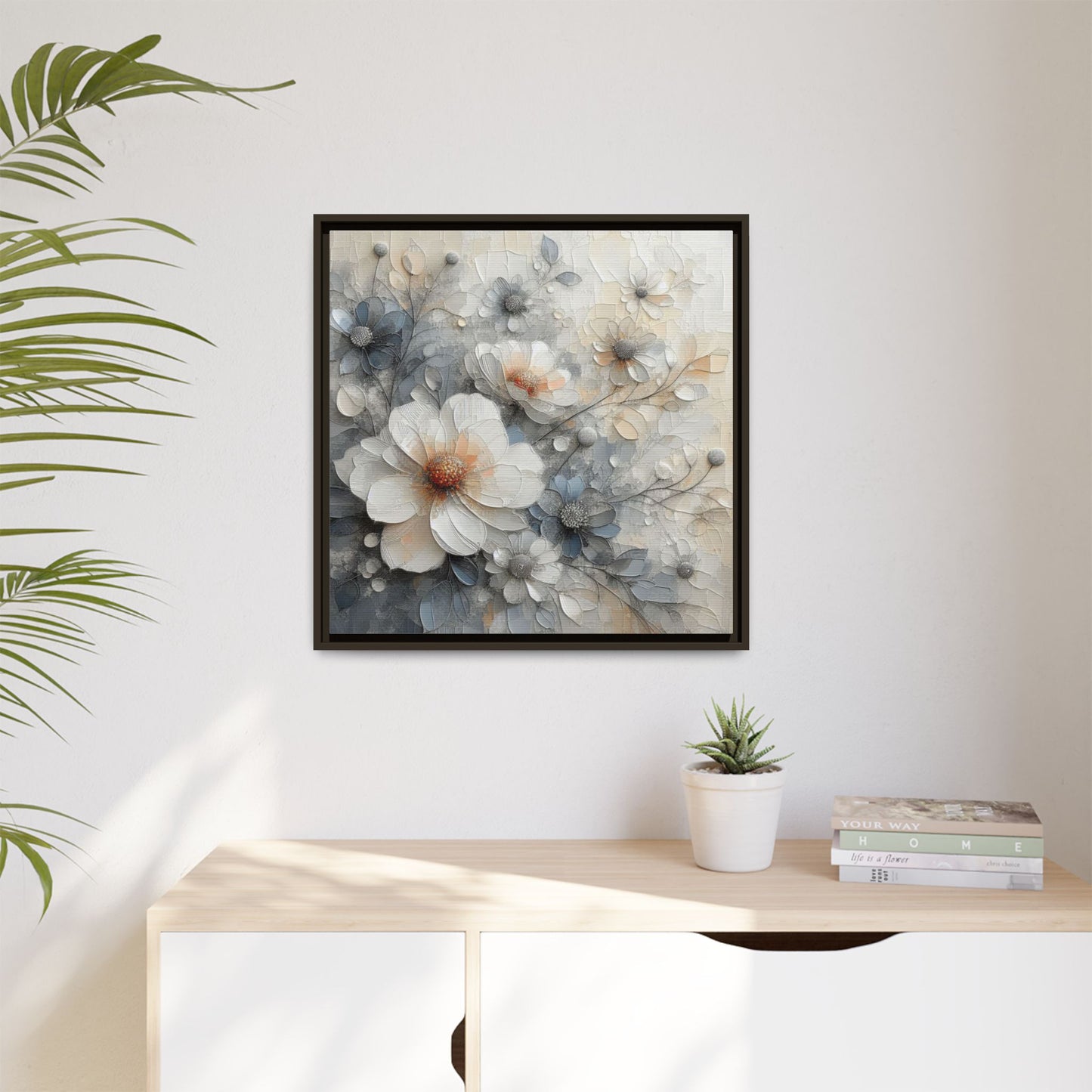 Modern Grey and White Floral Design Unique Framed Canvas Wall Art Flower Lover Gift Nature Lover Gift 3 frame colors