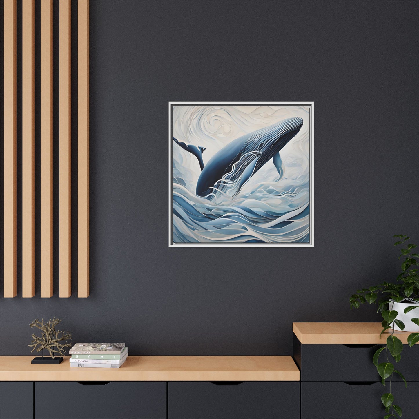 Modern Abstract Whale Wave Design Unique Framed Canvas Wall Art Ocean Beach Gift Nature Lover Gift Underwater Sea Lover Gift 3 frame colors