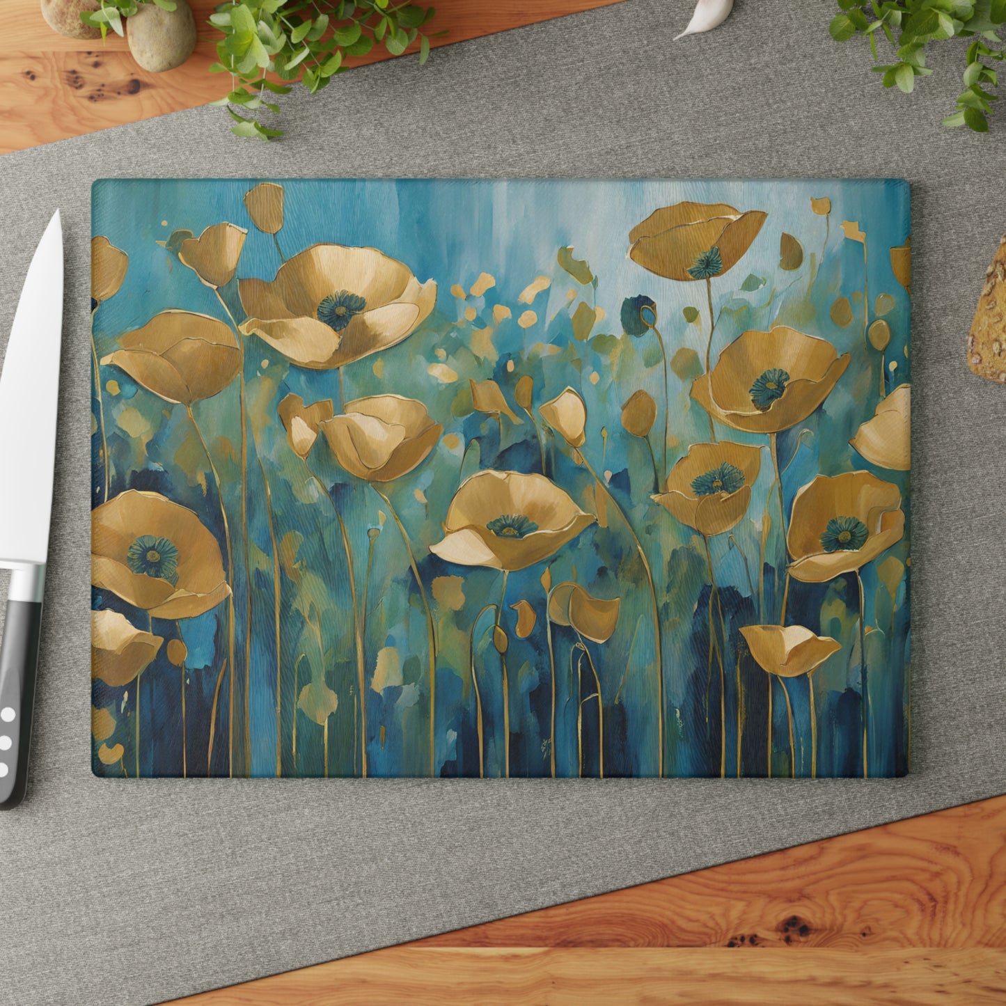 Kitchen Decor Glass Cutting Board Serving Tray with Field of Flowers Pattern Cutting Board Gift for Home Cook Charcuterie Board
