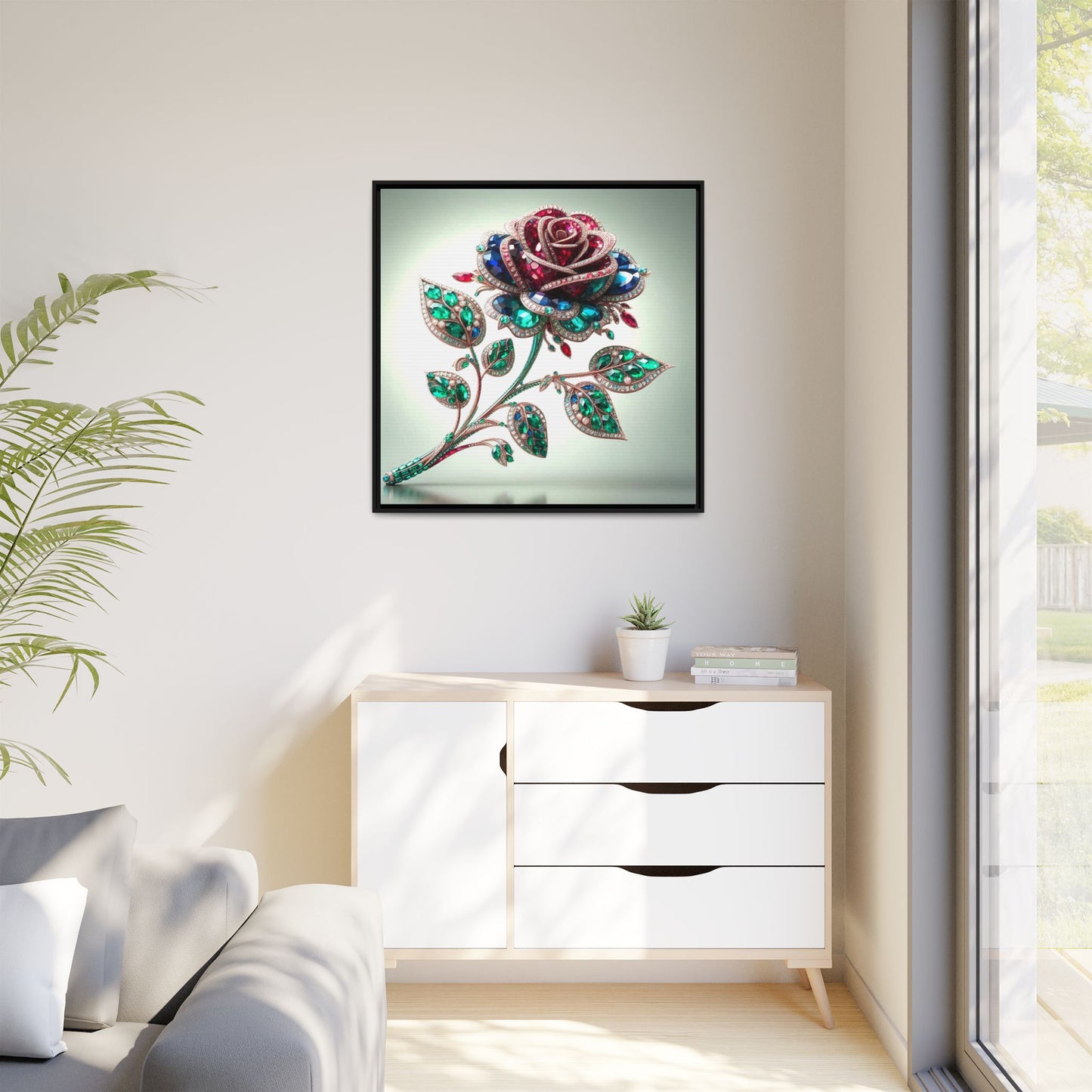 Bejeweled Rose Framed Canvas Print Wall Art Unique Fashion Designer Haute Couture Fashionista Flower Lover Gift Decor 3 Frame Colors