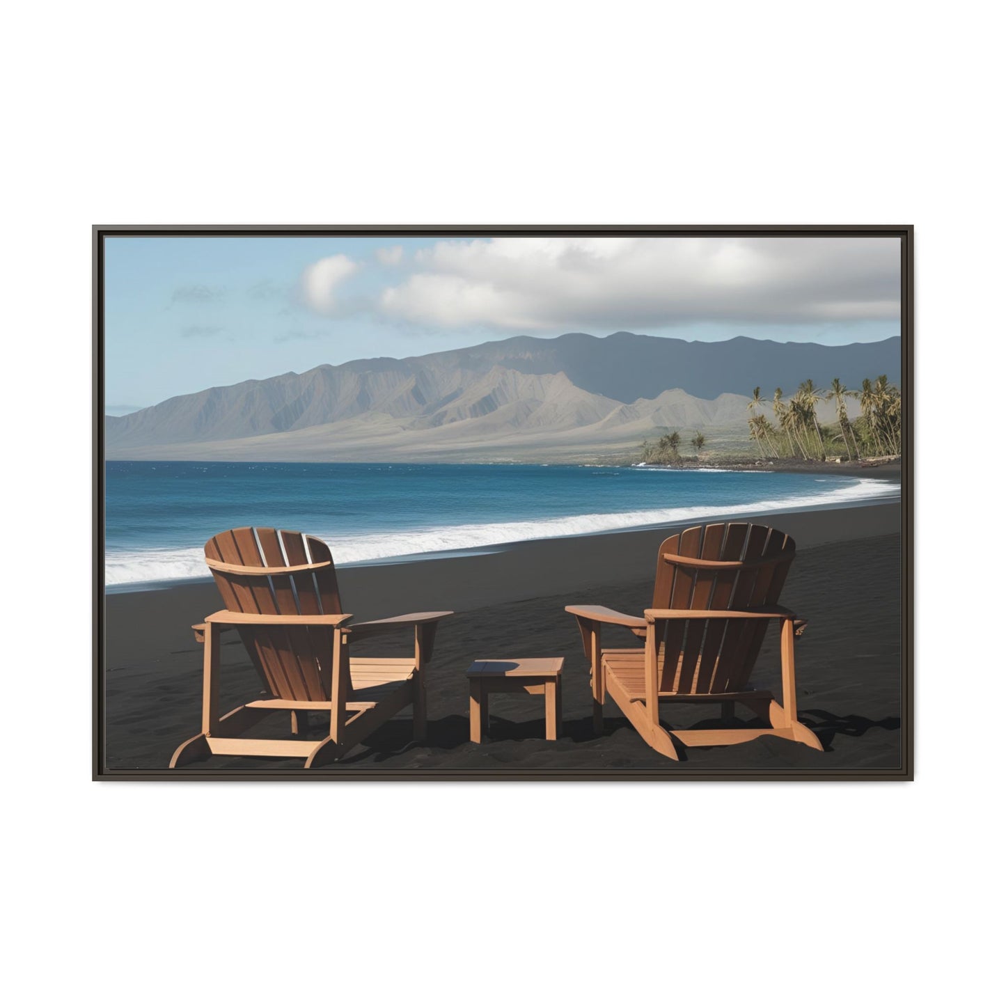 Chairs on the Maui Black Sand Beach Print Unique Framed Canvas Print Wall Art Gift Beachy Nature Lover Ocean Waves Decor 3 frame colors