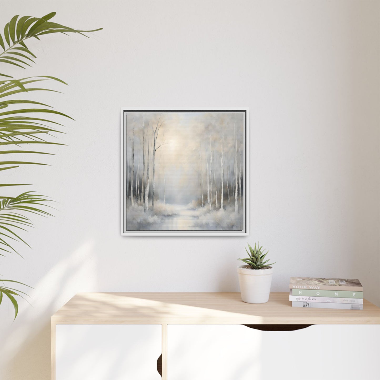 Modern Abstract White Forest Design Unique Framed Canvas Wall Art Ocean Beach Gift Nature Lover Gift 3 frame colors