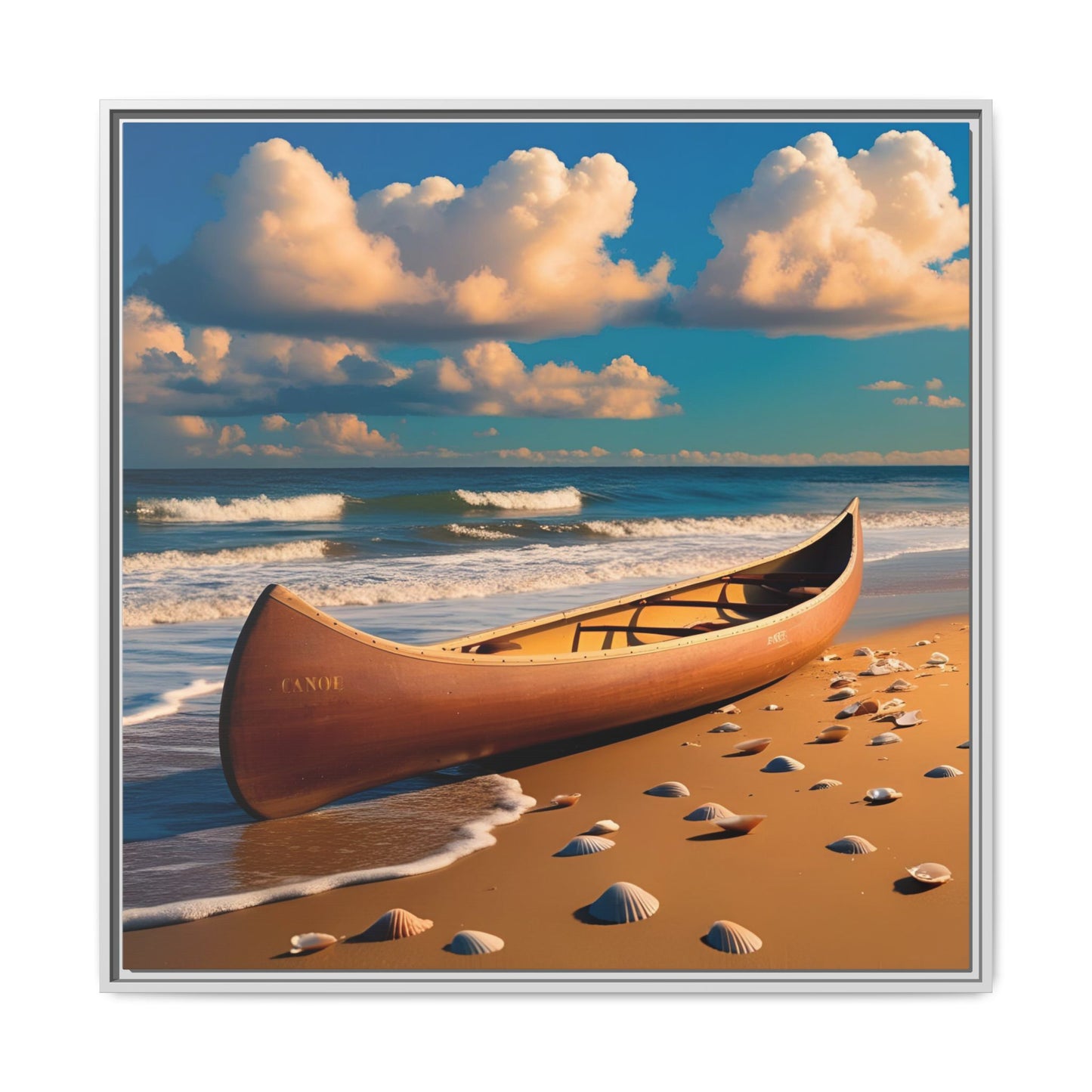 Canoe on the Beach Calm Sunny Day Framed Canvas Wall Art Beach Lover Vacation Oceanic Gift Nature Lover Peaceful Zen Gift 3 frame colors