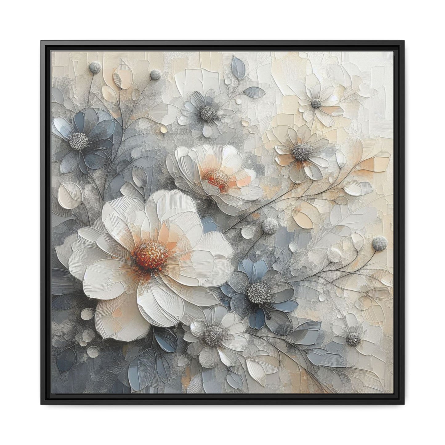 Modern Grey and White Floral Design Unique Framed Canvas Wall Art Flower Lover Gift Nature Lover Gift 3 frame colors
