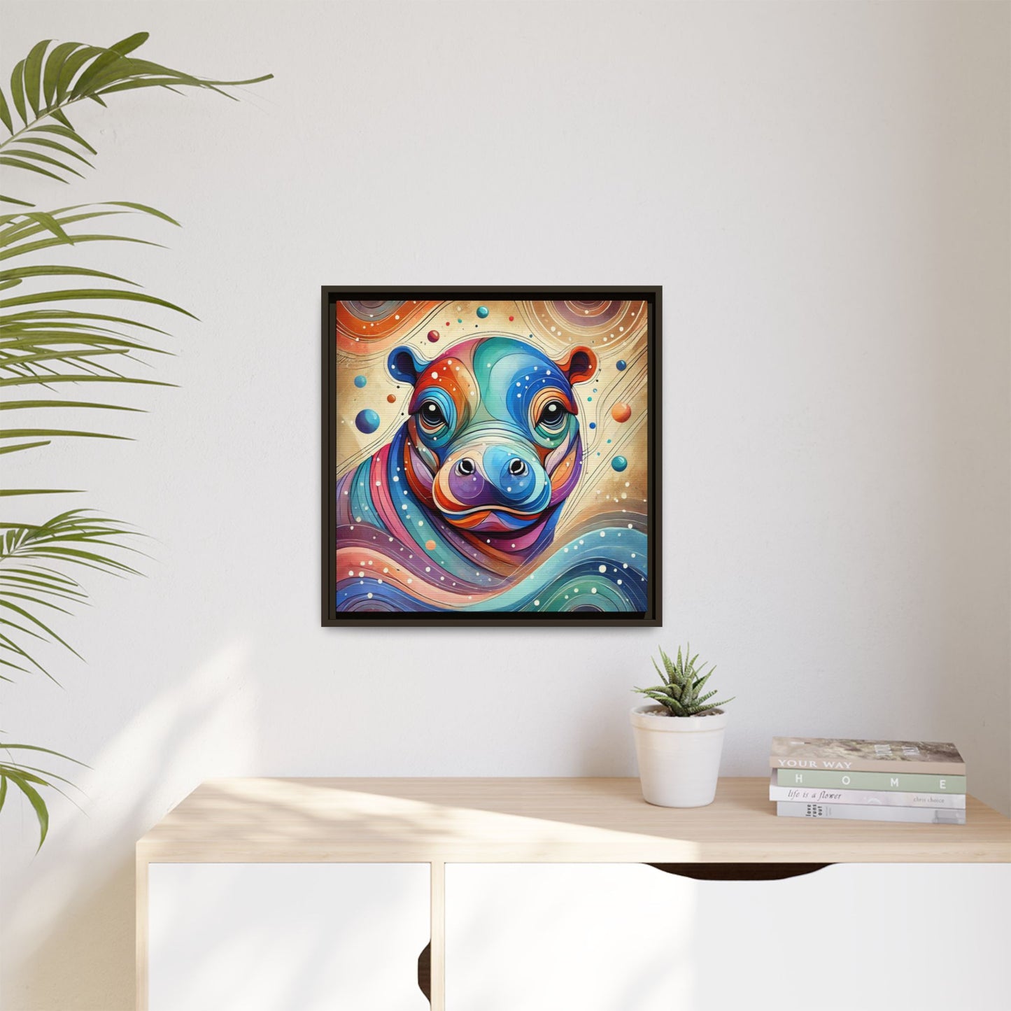 Modern Hippo Print Abstract Design Unique Framed Canvas Print Baby Hippo Wall Art Animal Lover Gift Nature Lover Decor 3 frame colors