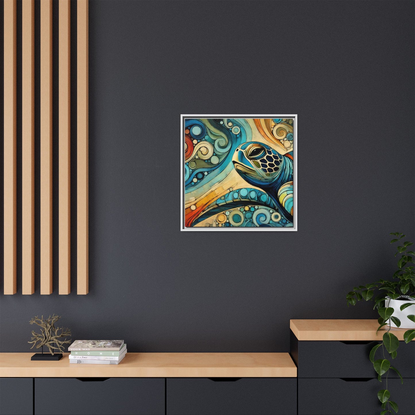 Modern Sea Turtle Print Abstract Design Unique Framed Canvas Print Oceanic Wall Art Animal Lover Gift Nature Lover Decor 3 frame colors
