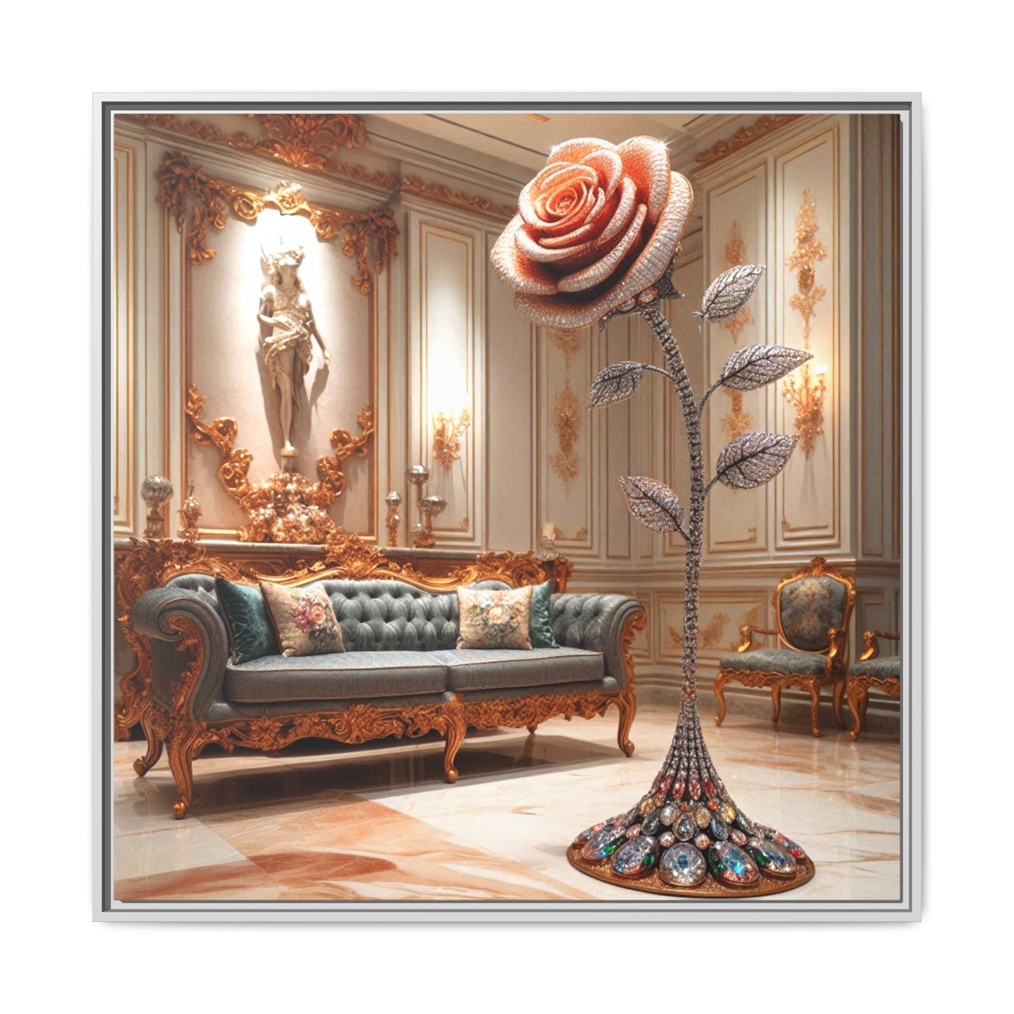 Bejeweled Rose Framed Canvas Print Wall Art Unique Fashion Designer Haute Couture Fashionista Flower Lover Gift Decor 3 Frame Colors