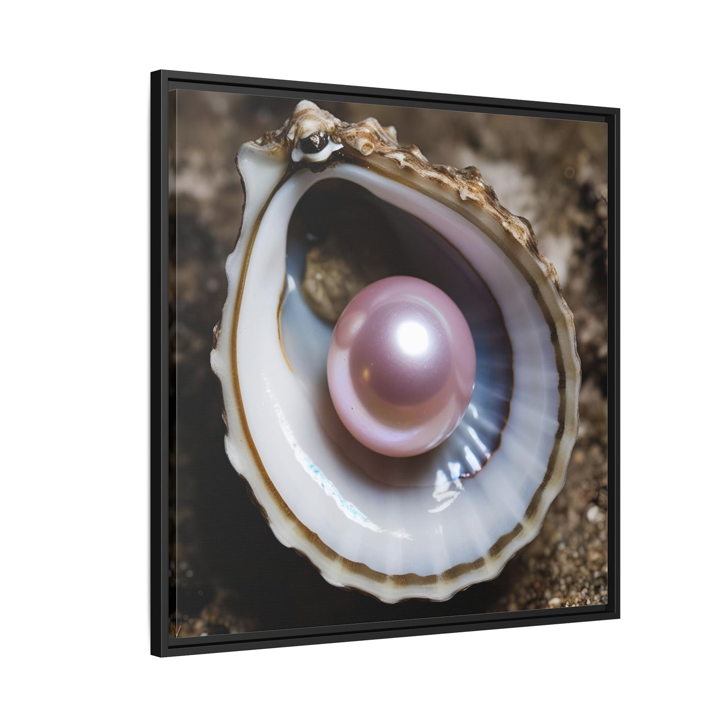Pink Pearl in Oyster Shell Framed Canvas Wall Art Beach Lover Vacation Oceanic Gift Nature Lover Peaceful Zen Gift 3 frame colors