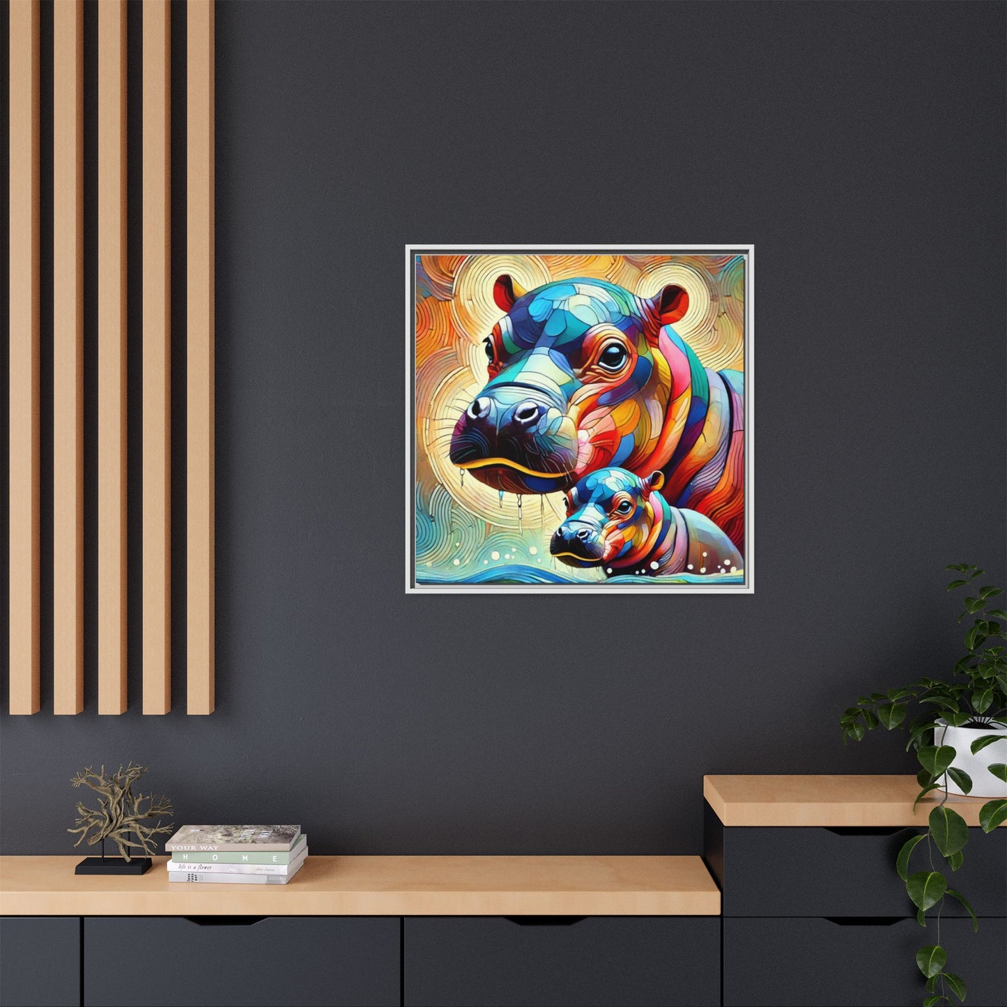 Modern Hippo Print Abstract Design Unique Framed Canvas Print Baby Hippo Wall Art Animal Lover Gift Nature Lover Decor 3 frame colors