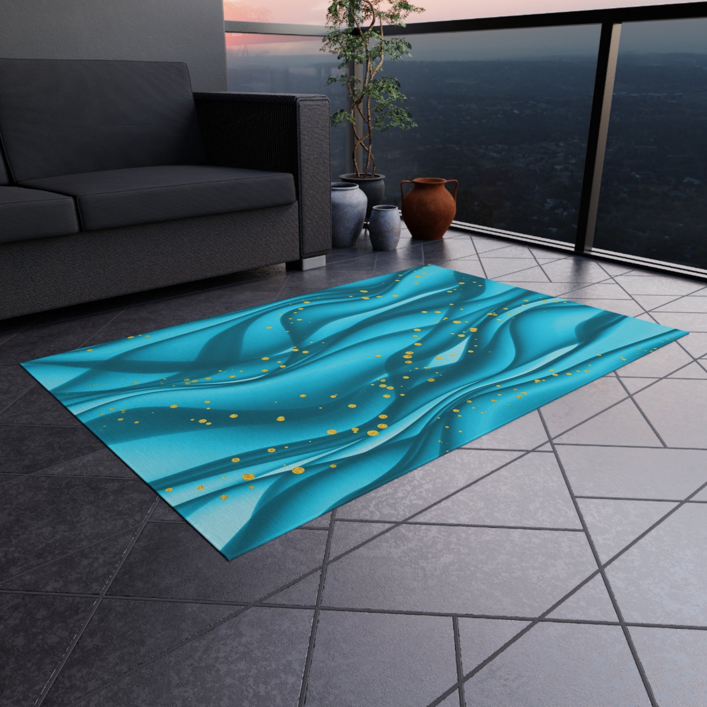 Wavy Design Chenille Outdoor Rug with No-Skid Backing Cozy Outdoor Carpet Patio Decor Gazebo Rug Beachy Tropical Pool Area Oceanic Decor