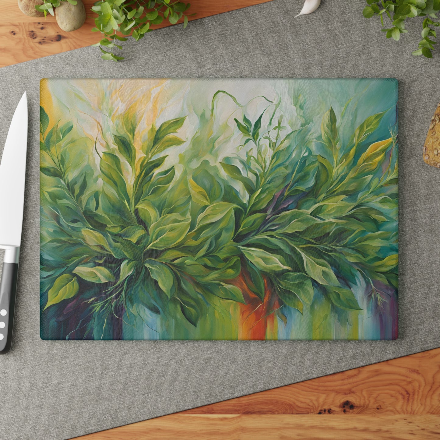 Kitchen Decor Glass Cutting Board Serving Tray with Modern Garden Herbs Pattern Cutting Board Gift for Home Cook Charcuterie Board