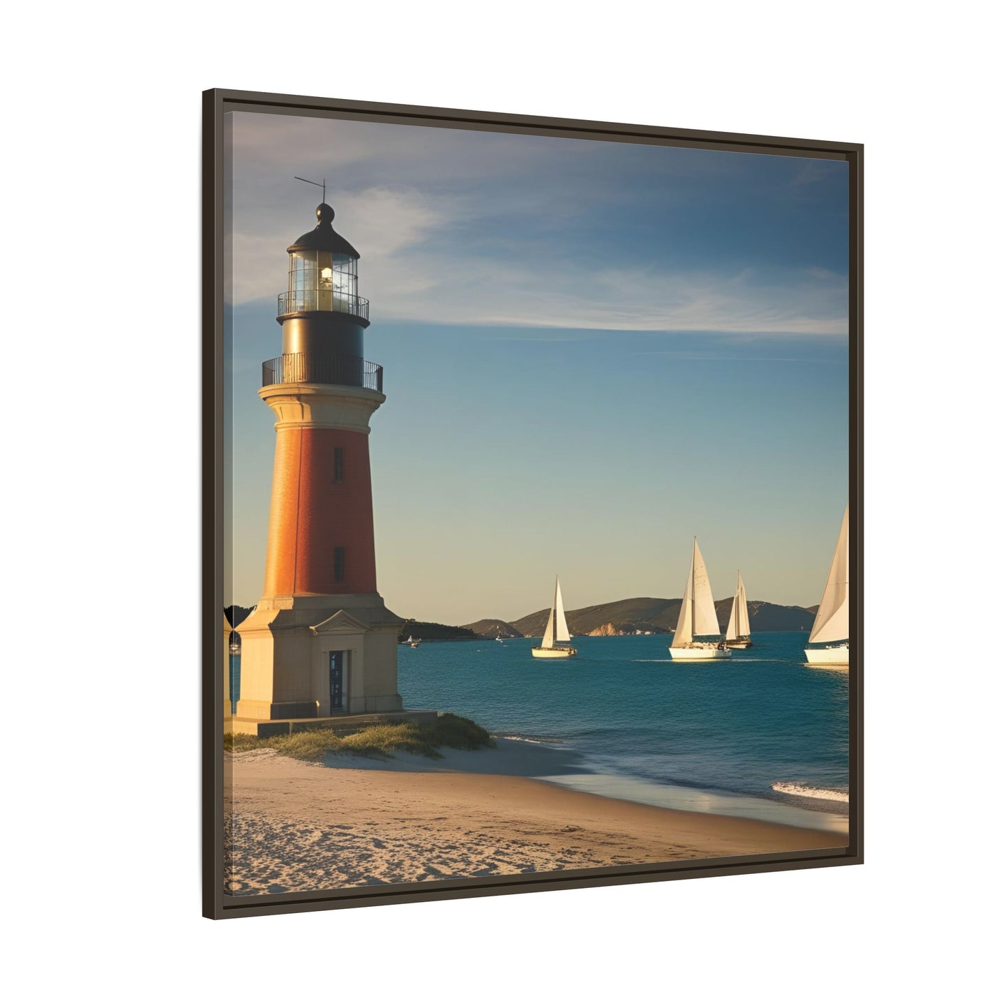 Lighthouse on the Beach Unique Framed Canvas Print Wall Art Nature Lover Gift Beachy Sailboats in the Ocean Vacation Decor 3 frame colors