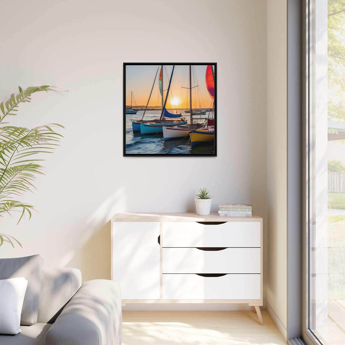 Sailboats at Sunset in Harbor Framed Canvas Wall Art Beach Lover Vacation Oceanic Gift Nature Lover Peaceful Zen Sunrise Art 3 frame colors