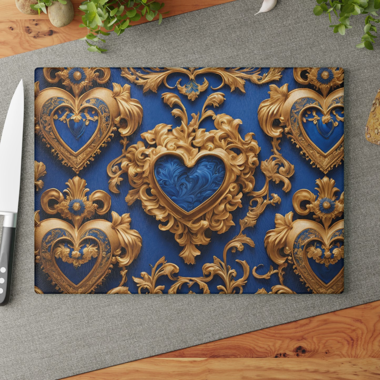 Kitchen Decor Glass Cutting Board Serving Tray with Heart Design Retro Damask Pattern Cutting Board Gift for Home Cook Charcuterie Board