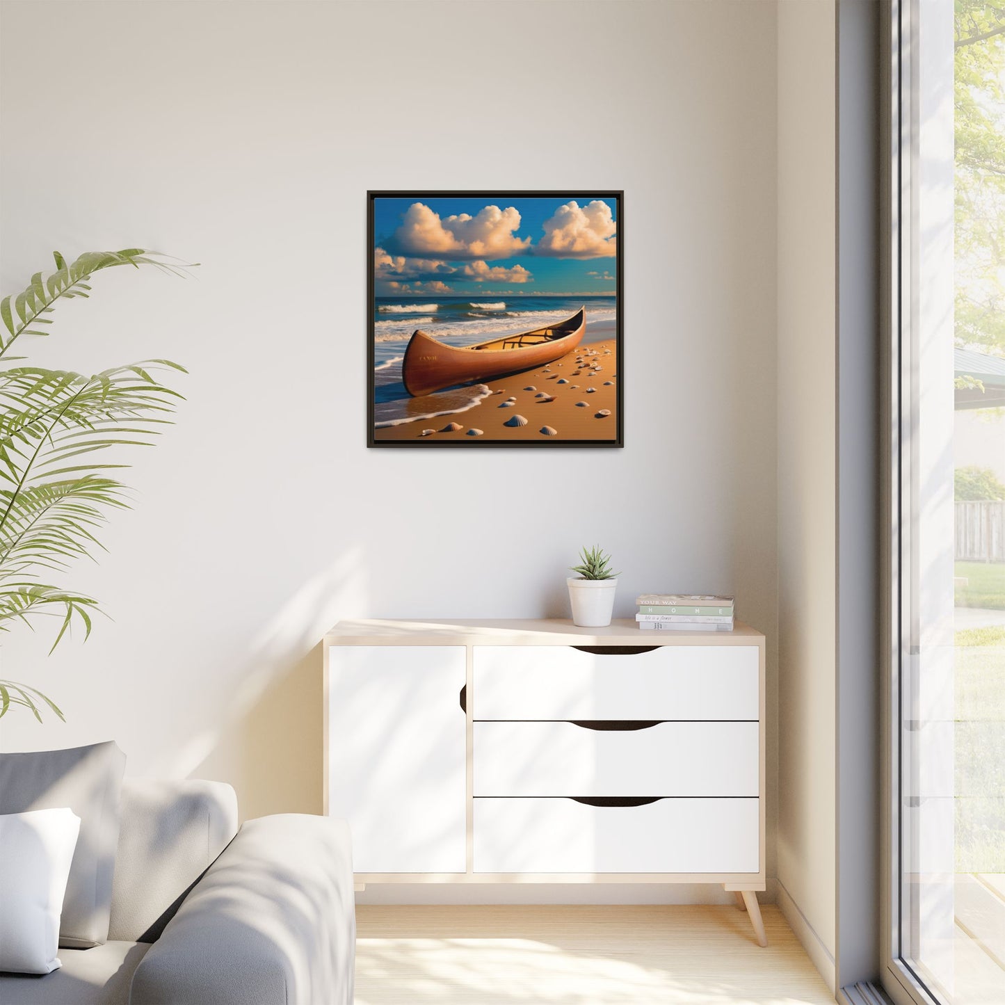 Canoe on the Beach Calm Sunny Day Framed Canvas Wall Art Beach Lover Vacation Oceanic Gift Nature Lover Peaceful Zen Gift 3 frame colors